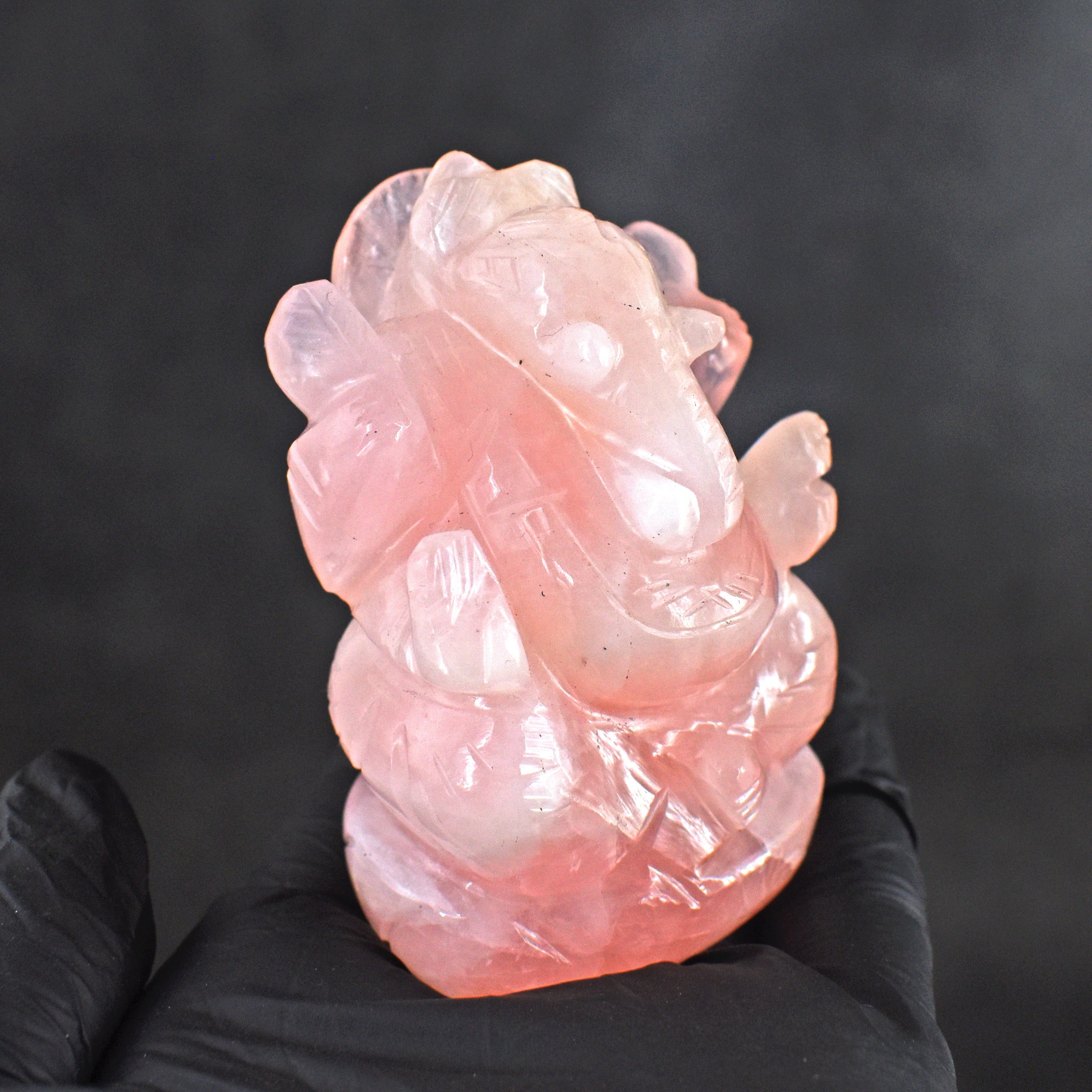 Stunning 808.00 Rose Quartz Hand Divine Carved Genuine Crystal Gemstone Carving Lord Ganesh