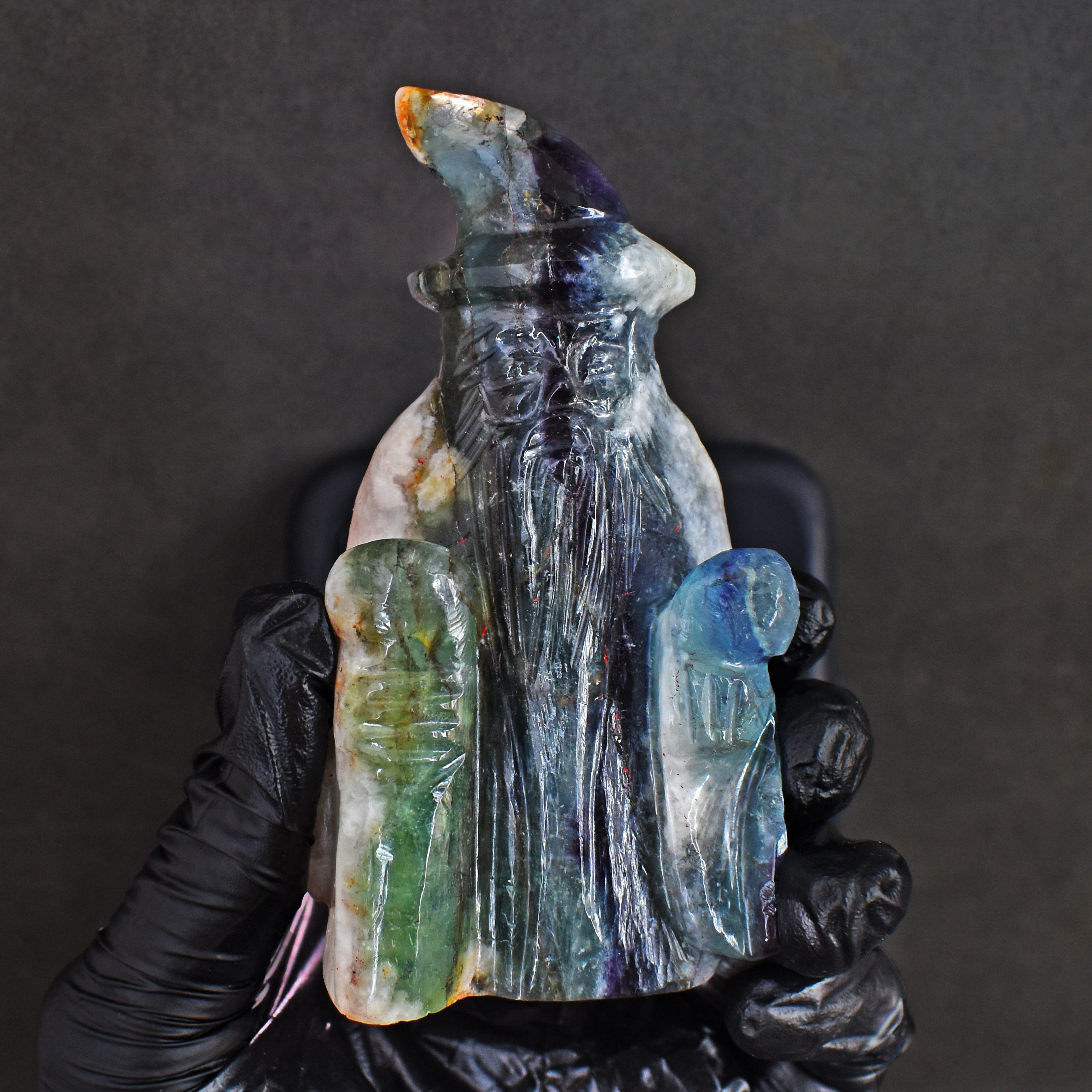 Beautiful 1132.00 Cts Genuine Multicolor Fluorite Hand Carved Premium Wizard