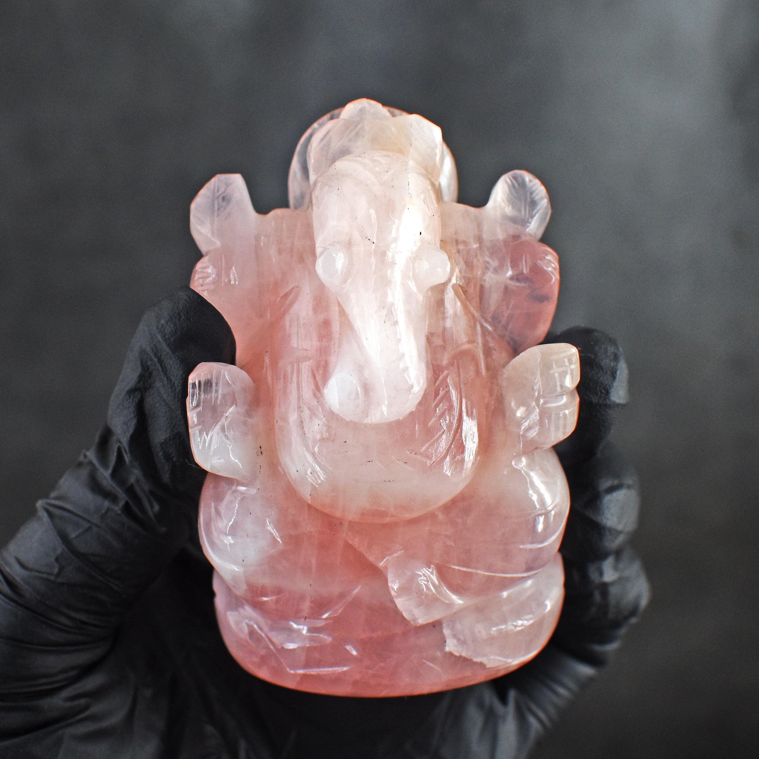 Stunning 808.00 Rose Quartz Hand Divine Carved Genuine Crystal Gemstone Carving Lord Ganesh