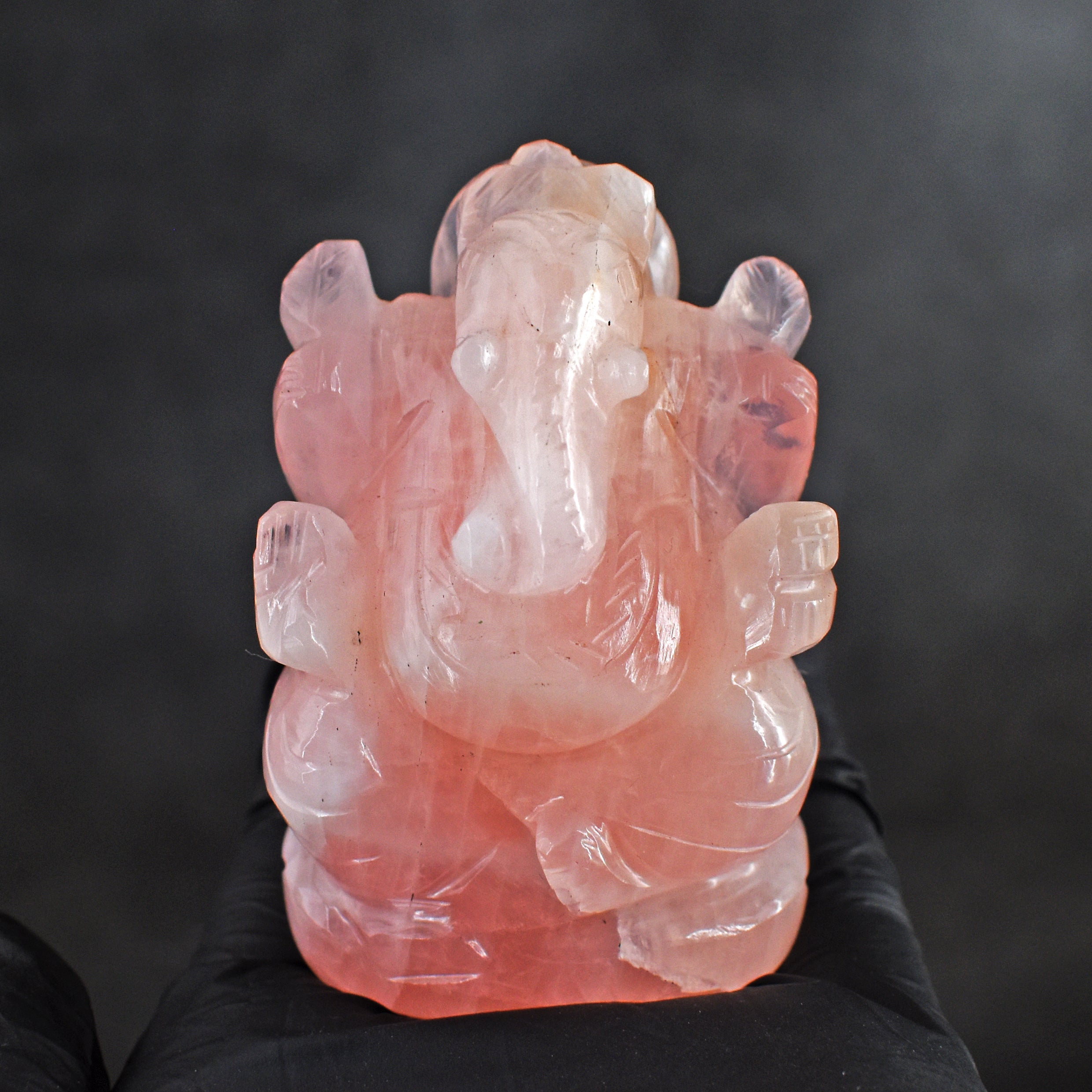 Stunning 808.00 Rose Quartz Hand Divine Carved Genuine Crystal Gemstone Carving Lord Ganesh