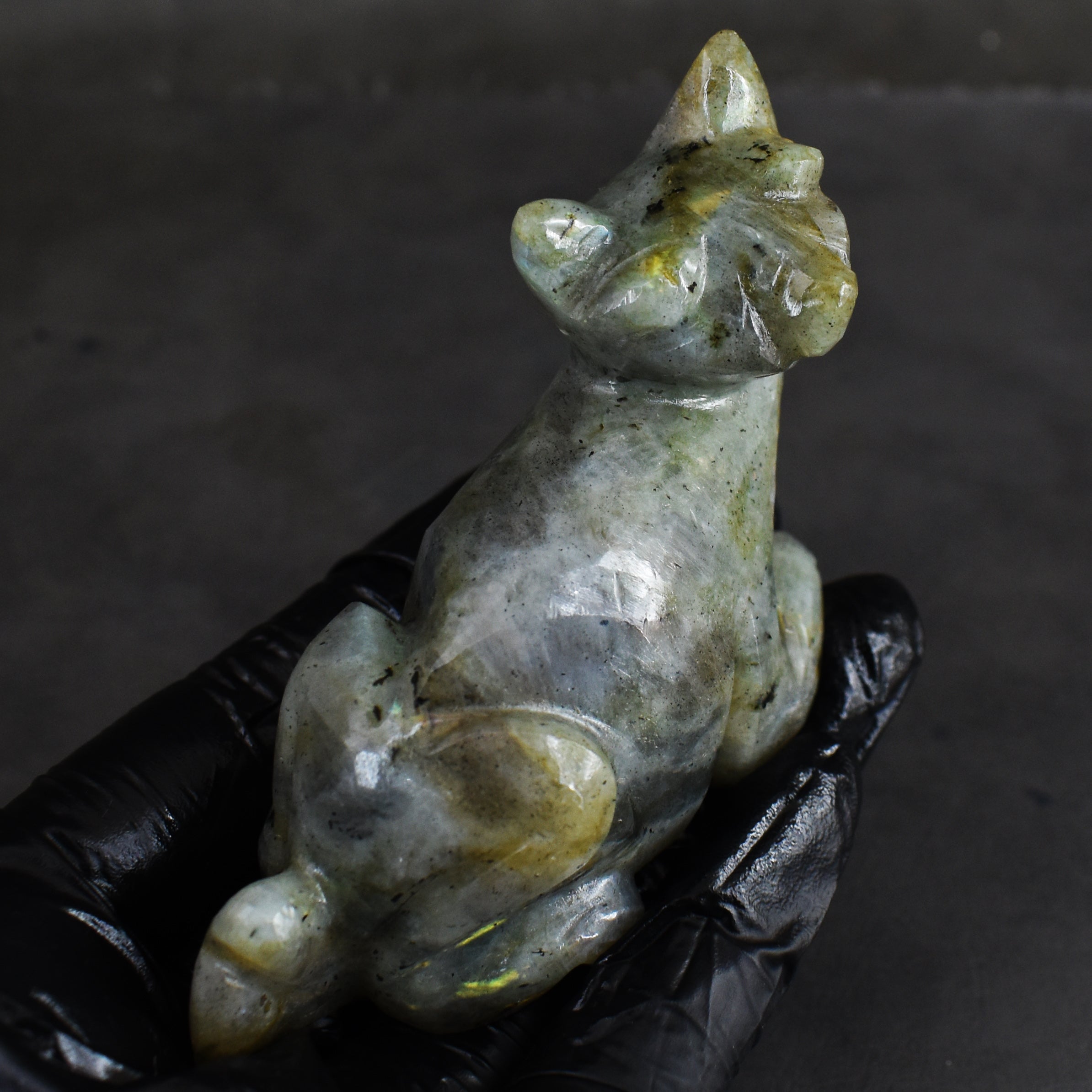 Awesome 580.00 Cts Genuine Amazing Flash Labradorite Hand Carved Crystal Gemstone Cat Carving 2026  Collection
