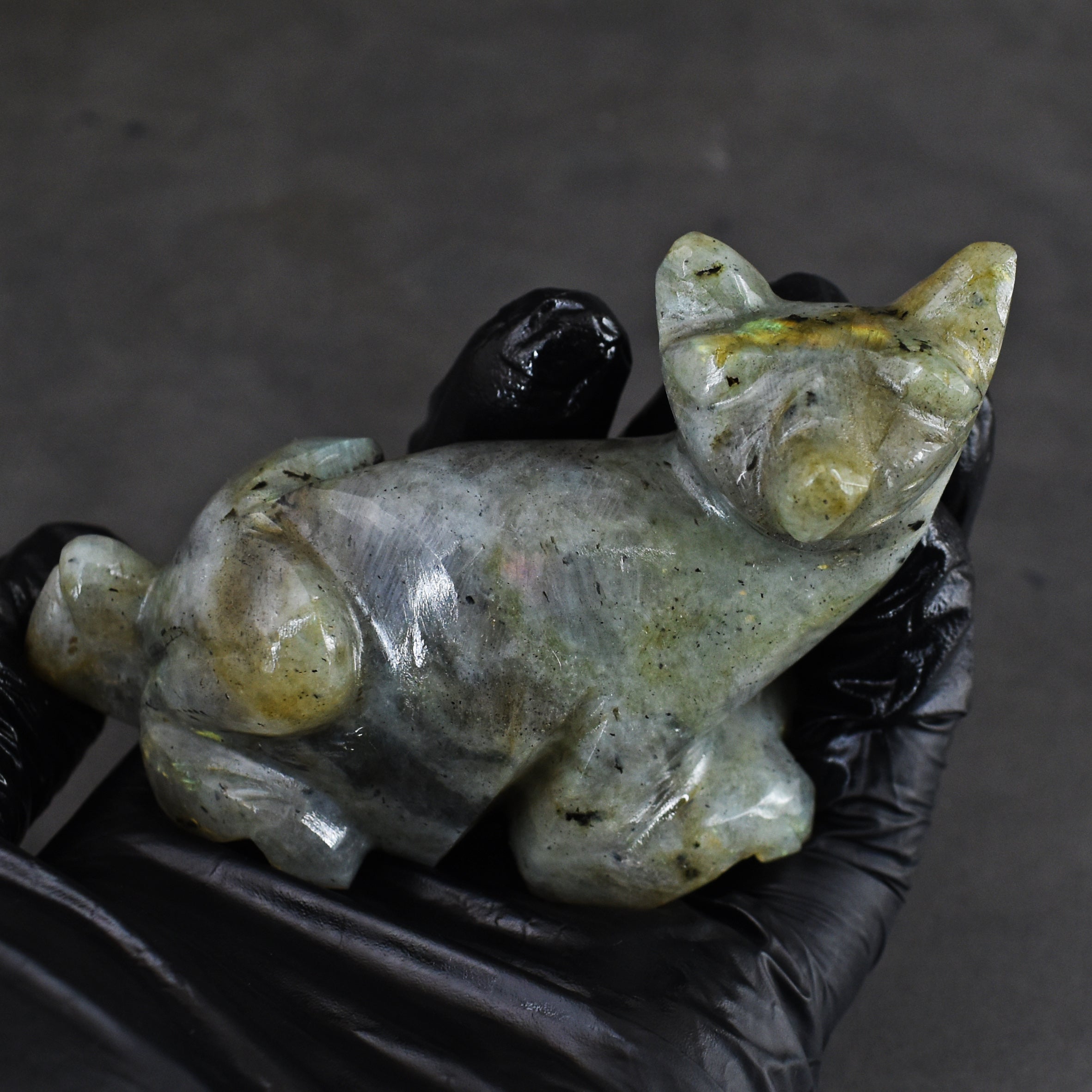 Awesome 580.00 Cts Genuine Amazing Flash Labradorite Hand Carved Crystal Gemstone Cat Carving 2026  Collection