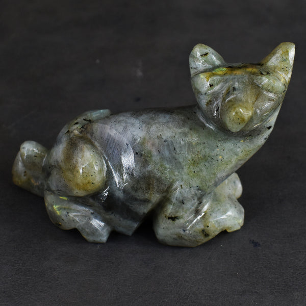 Awesome 580.00 Cts Genuine Amazing Flash Labradorite Hand Carved Crystal Gemstone Cat Carving 2026  Collection