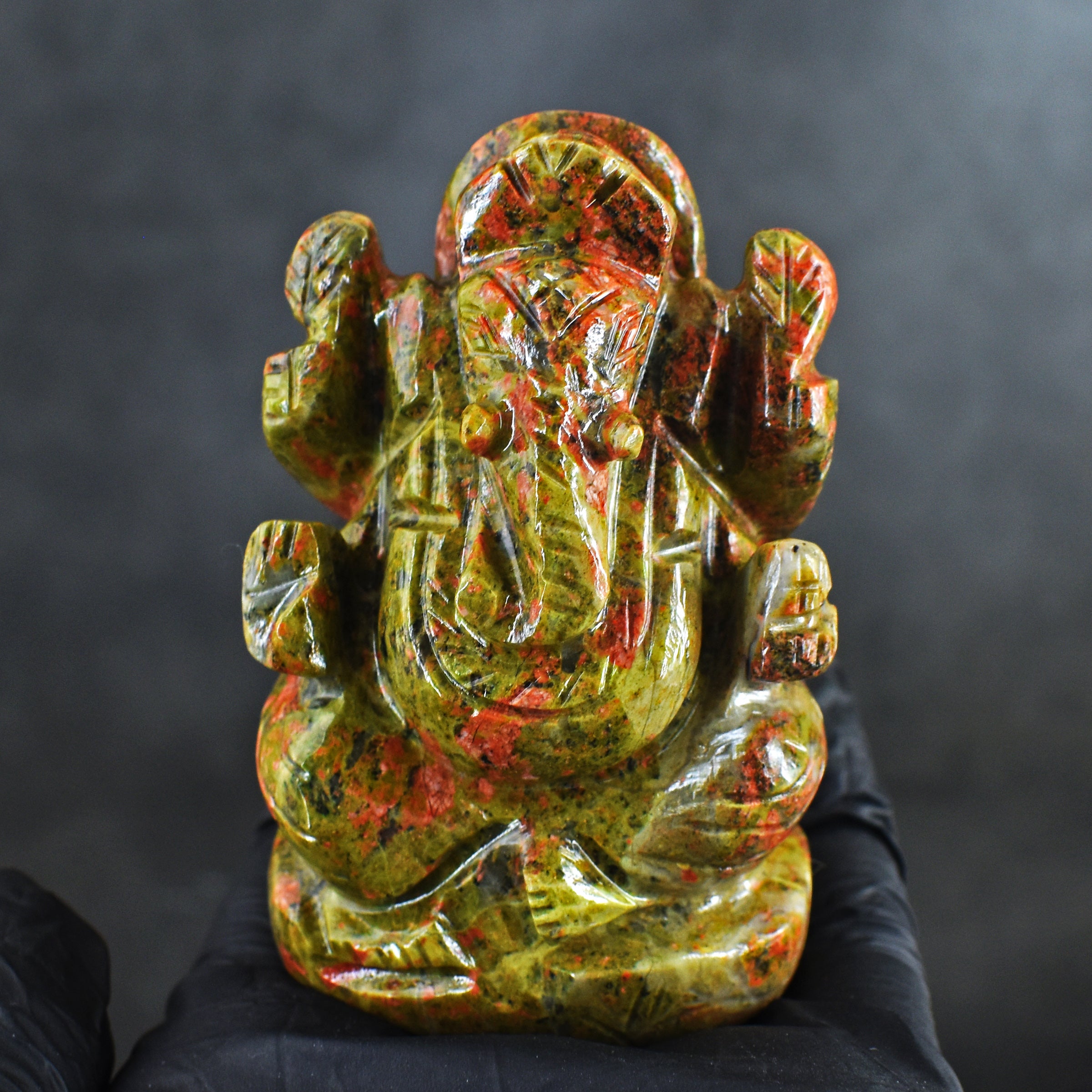 Natural 831.00 Carats Blood Green Unakite Divine Hand Carved Genuine Crystal Gemstone Carving Lord Ganesha