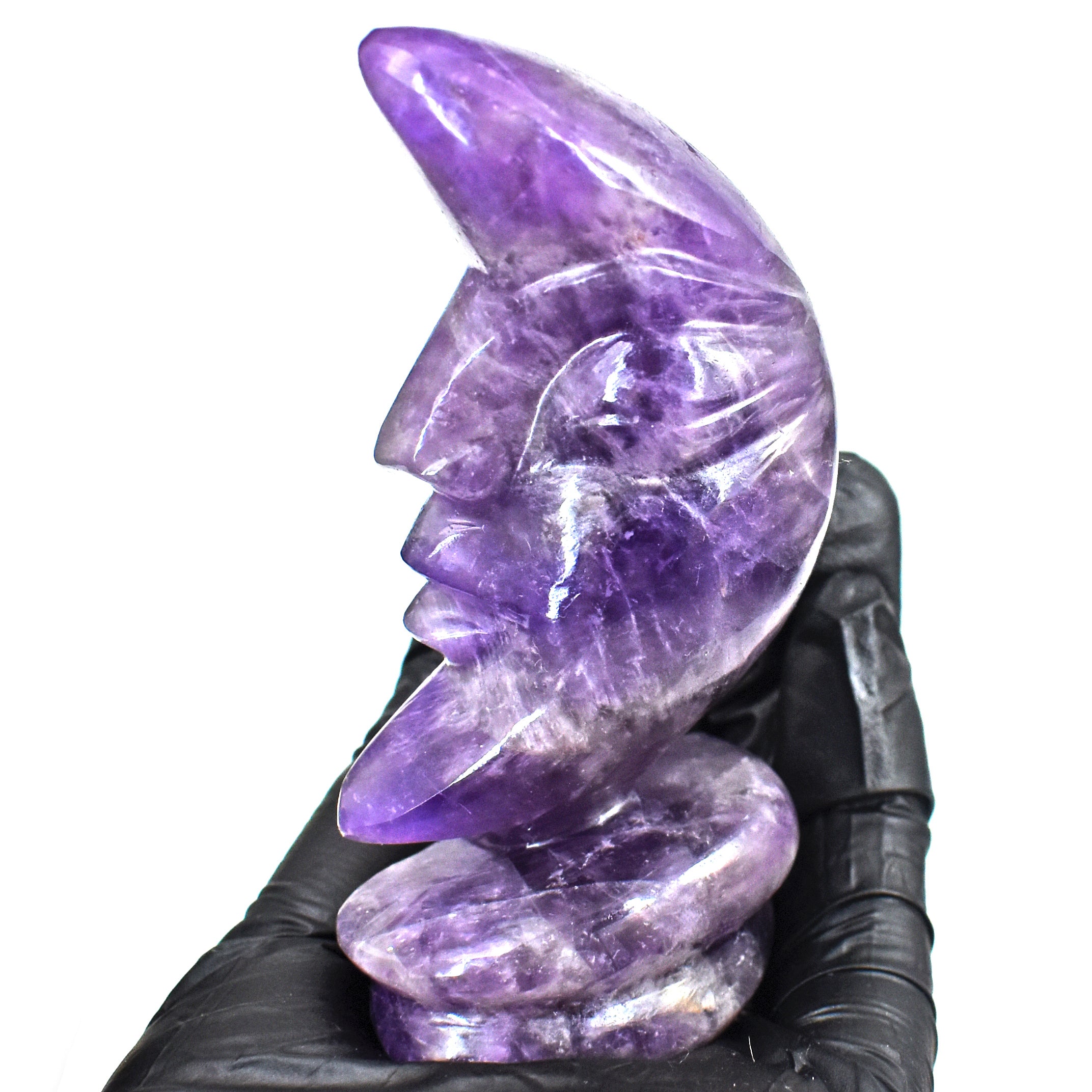 Natural 518.00 Carats Genuine Chevron Amethyst Moon With Stand Hand Carved Gemstone Carving