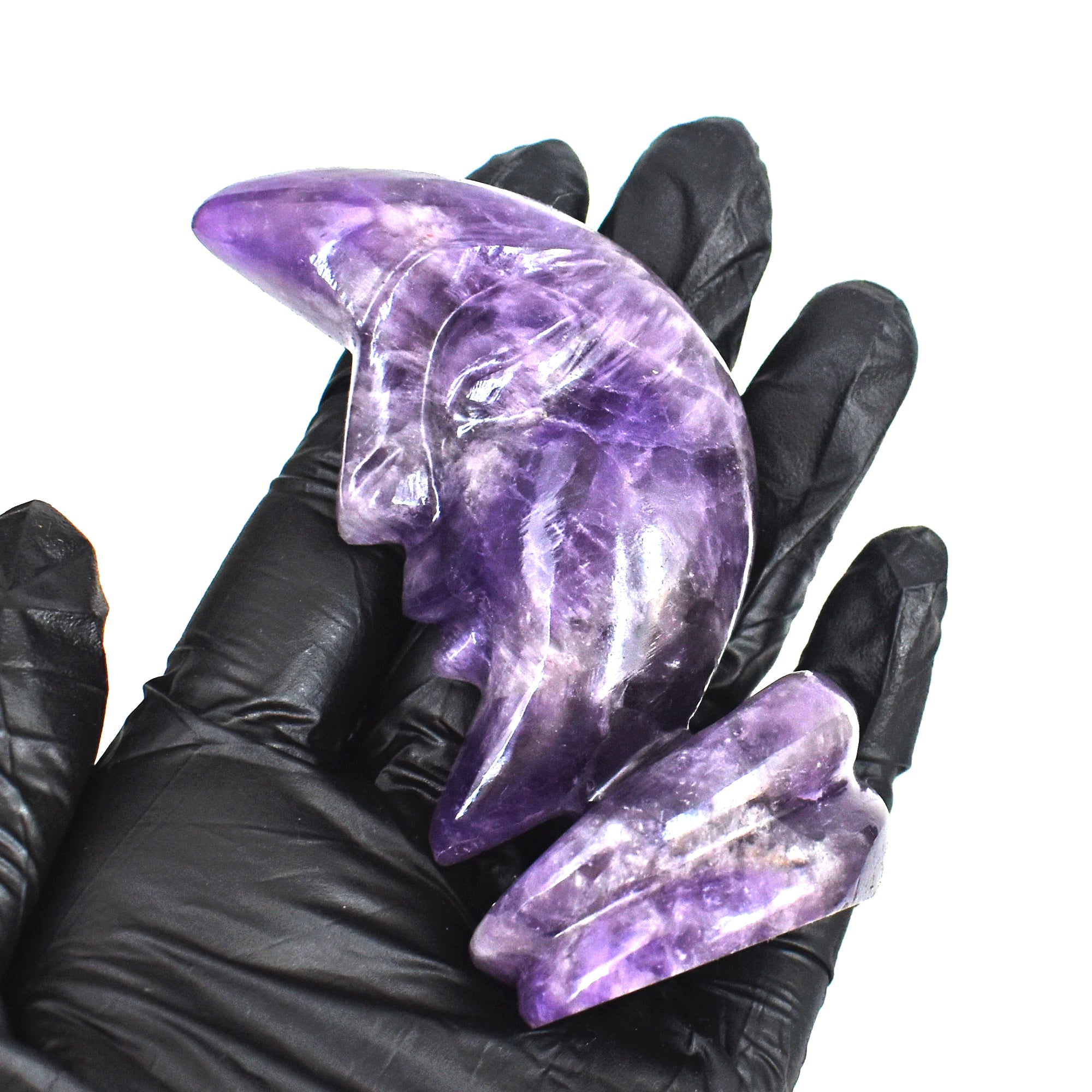 Natural 518.00 Carats Genuine Chevron Amethyst Moon With Stand Hand Carved Gemstone Carving