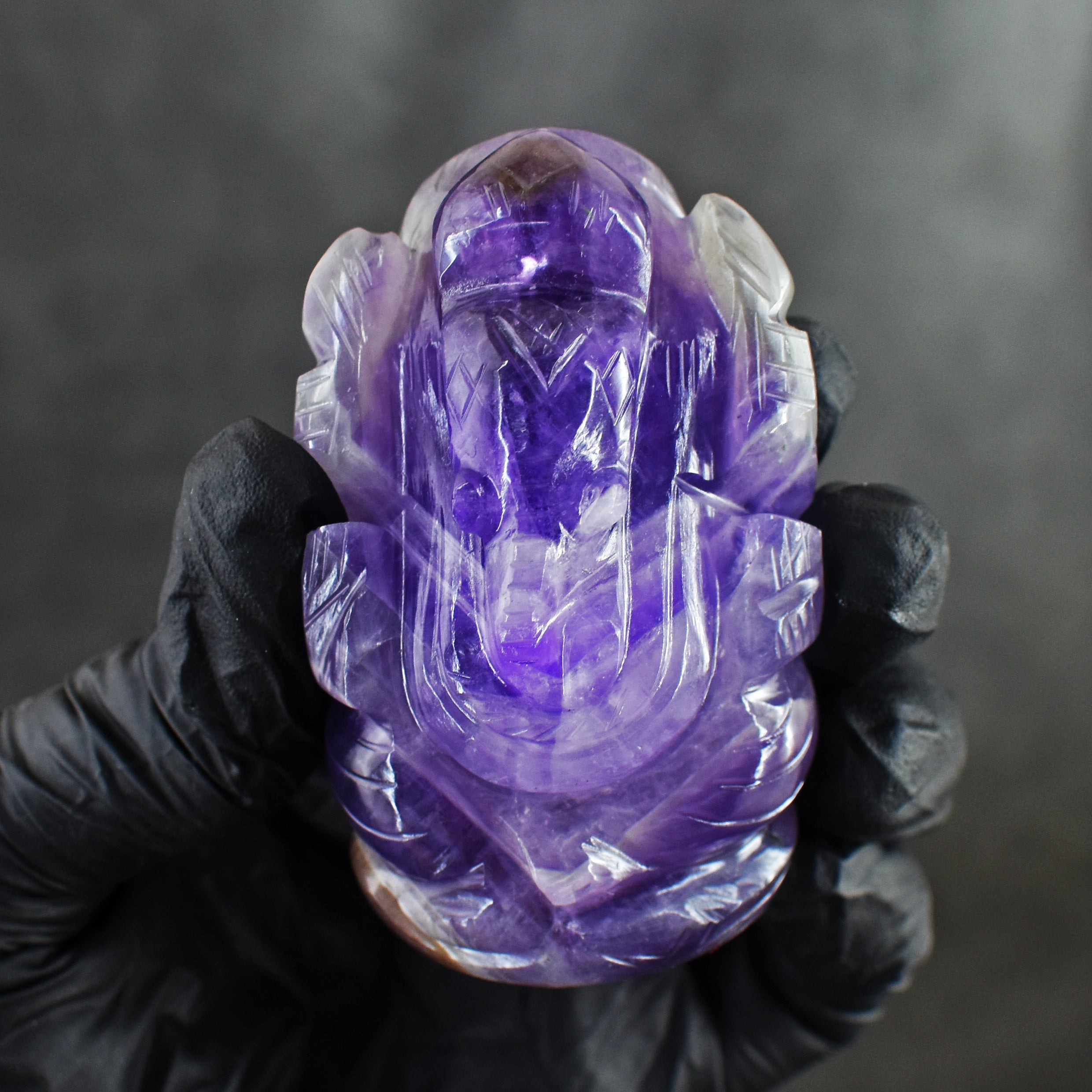 Beautiful 500.00 Cts Chevron Amethyst Hand Carved Genuine Crystal Gemstone Carving Lord Ganesha