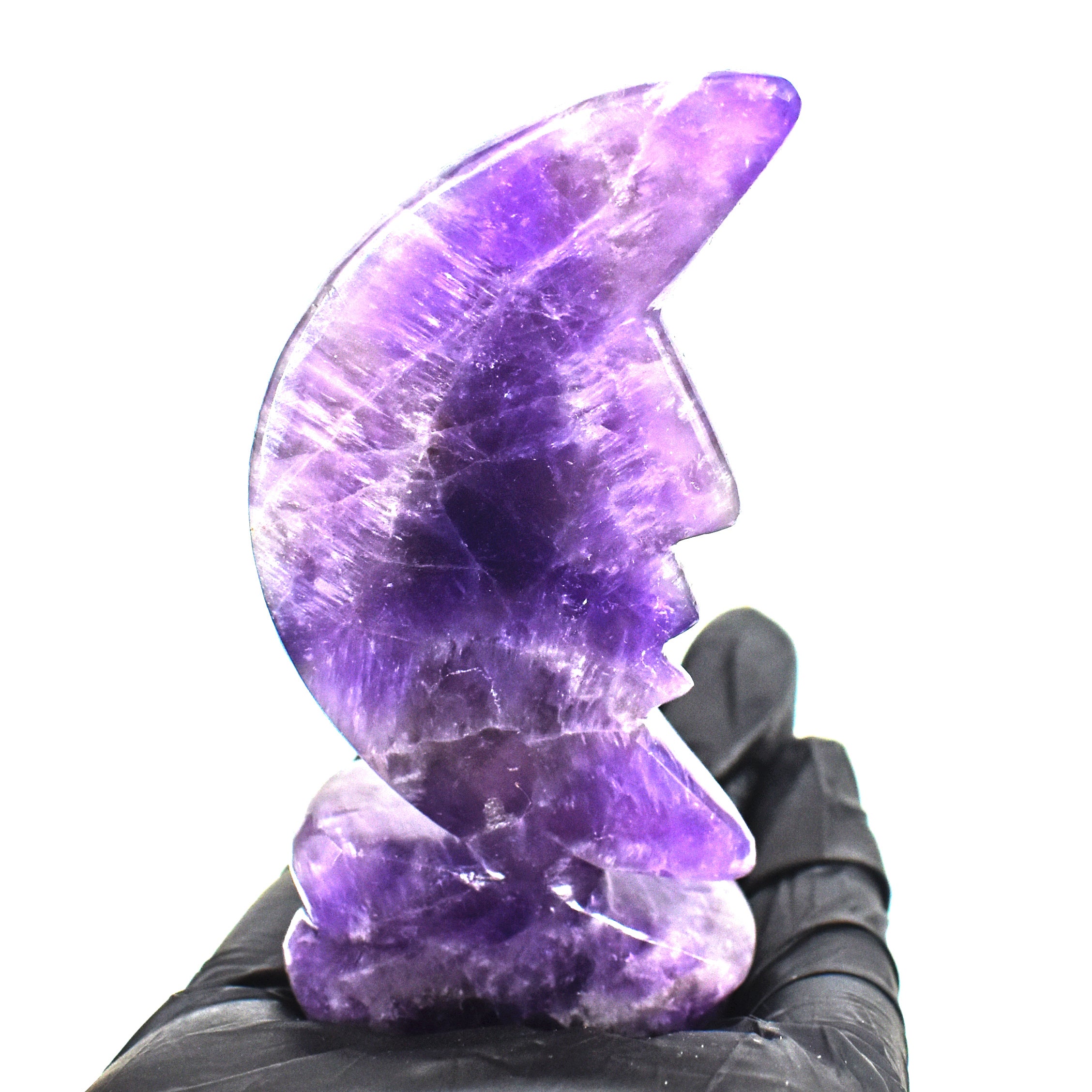 Natural 518.00 Carats Genuine Chevron Amethyst Moon With Stand Hand Carved Gemstone Carving