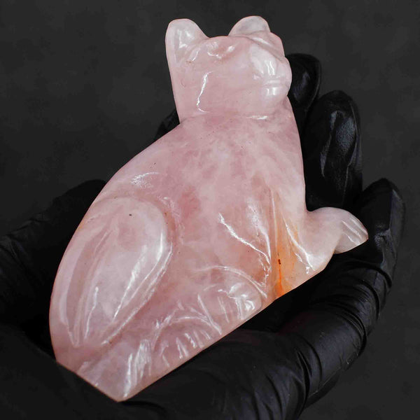 Natural 726.00 Cts Genuine Pink Rose Quartz Hand Carved Rose Cat Carving  2026 Collection