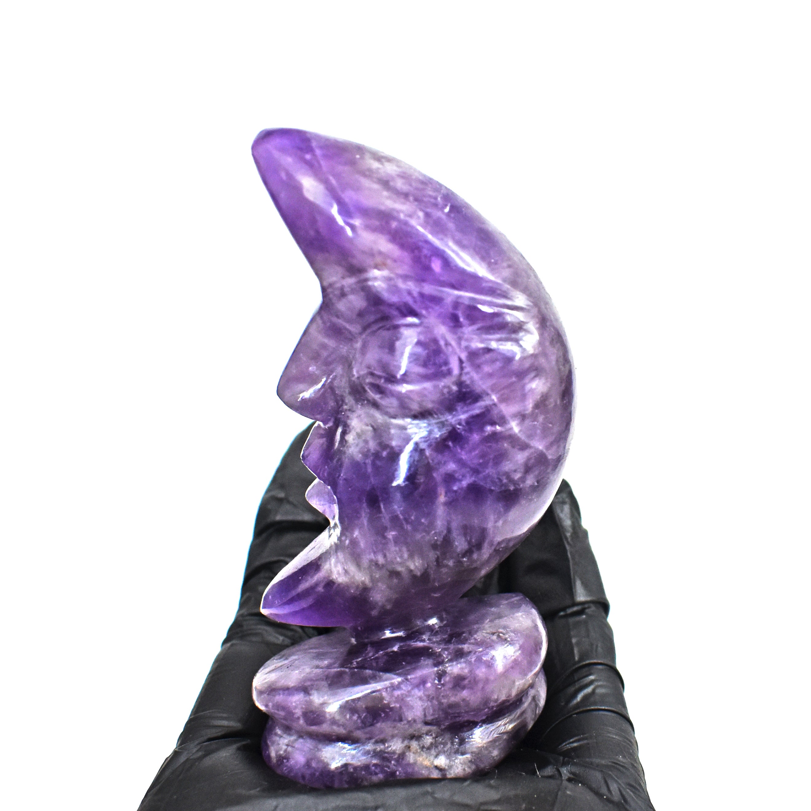 Natural 518.00 Carats Genuine Chevron Amethyst Moon With Stand Hand Carved Gemstone Carving