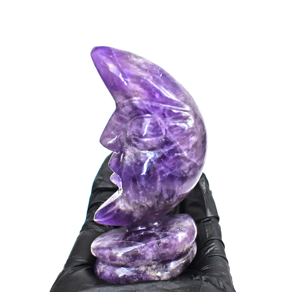 Natural 518.00 Carats Genuine Chevron Amethyst Moon With Stand Hand Carved Gemstone Carving