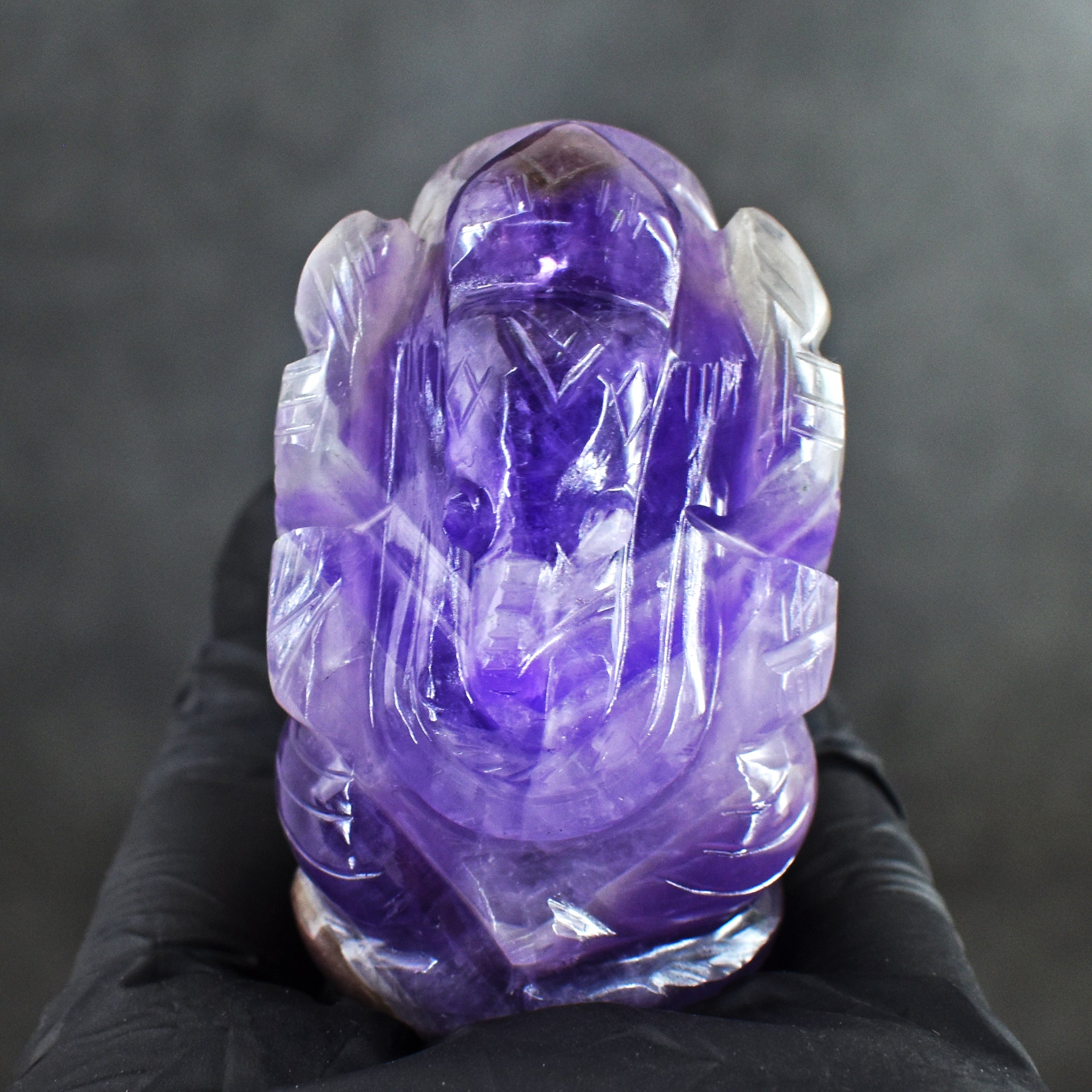 Beautiful 500.00 Cts Chevron Amethyst Hand Carved Genuine Crystal Gemstone Carving Lord Ganesha