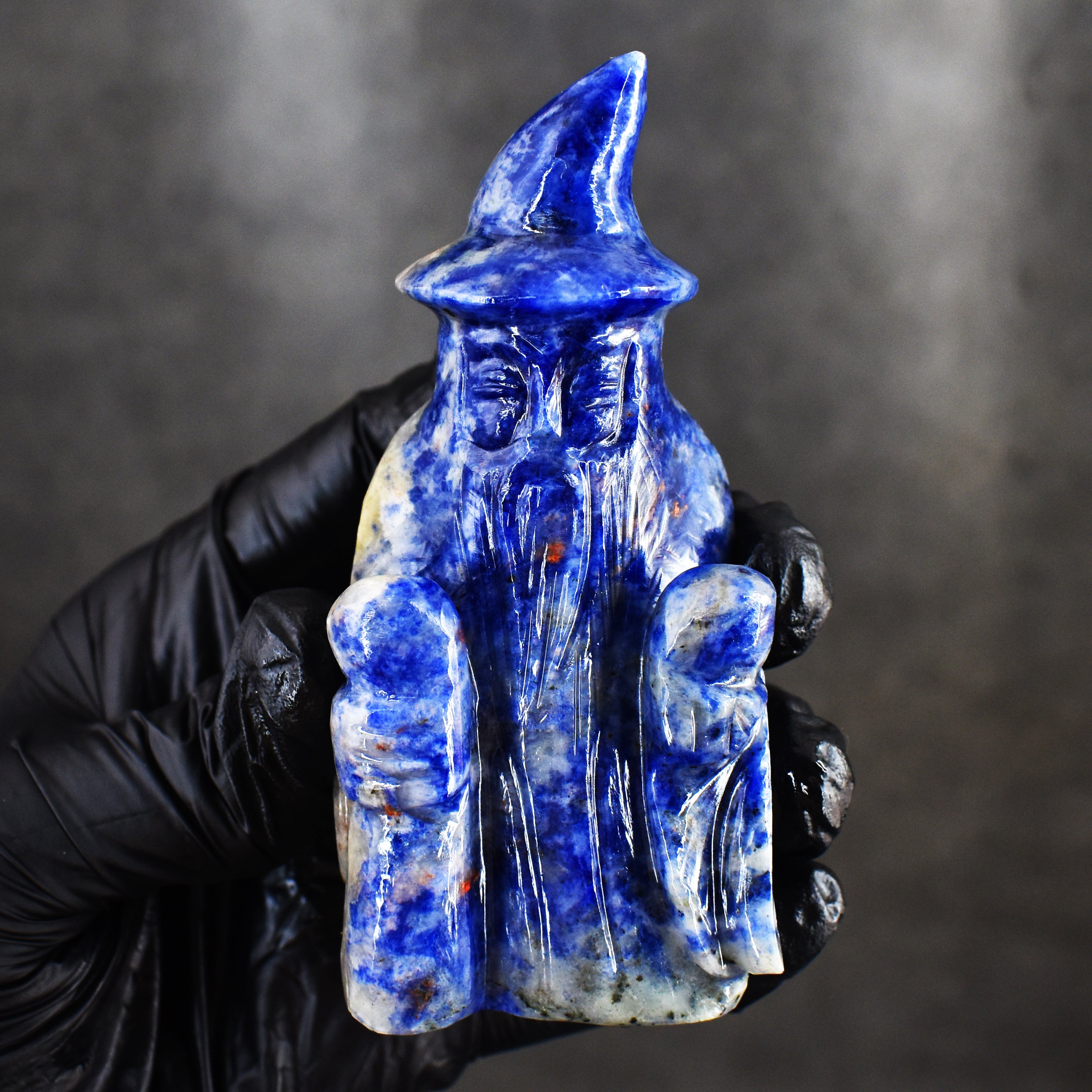 Genuine 697.00 Carats Sodalite Hand Carved Crystal Gemstone Wizard Carving