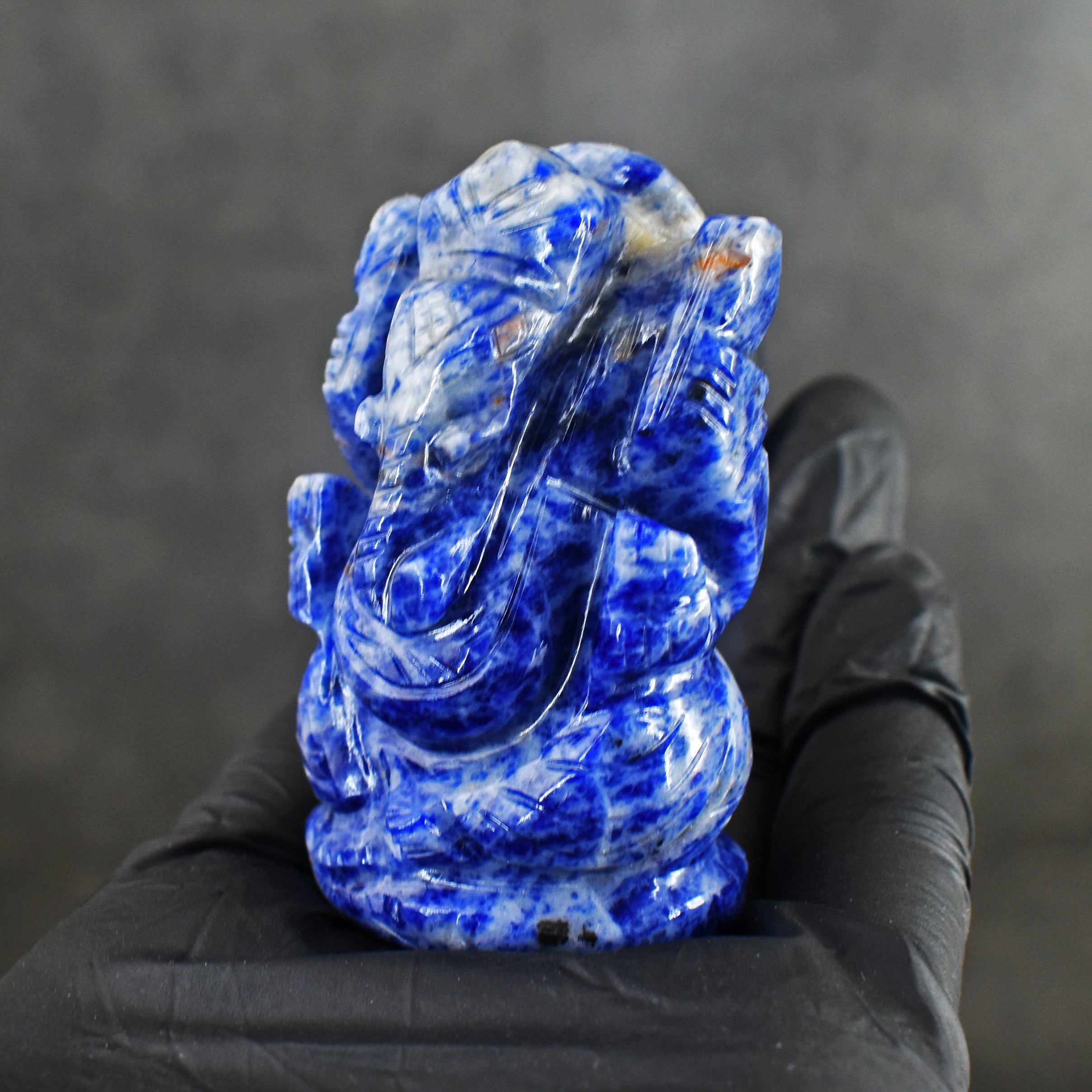 Exclusive 375.00 Cts Genuine Blue Sodalite Divine Hand Carved Crystal Lord Ganesha Carving Gemstone