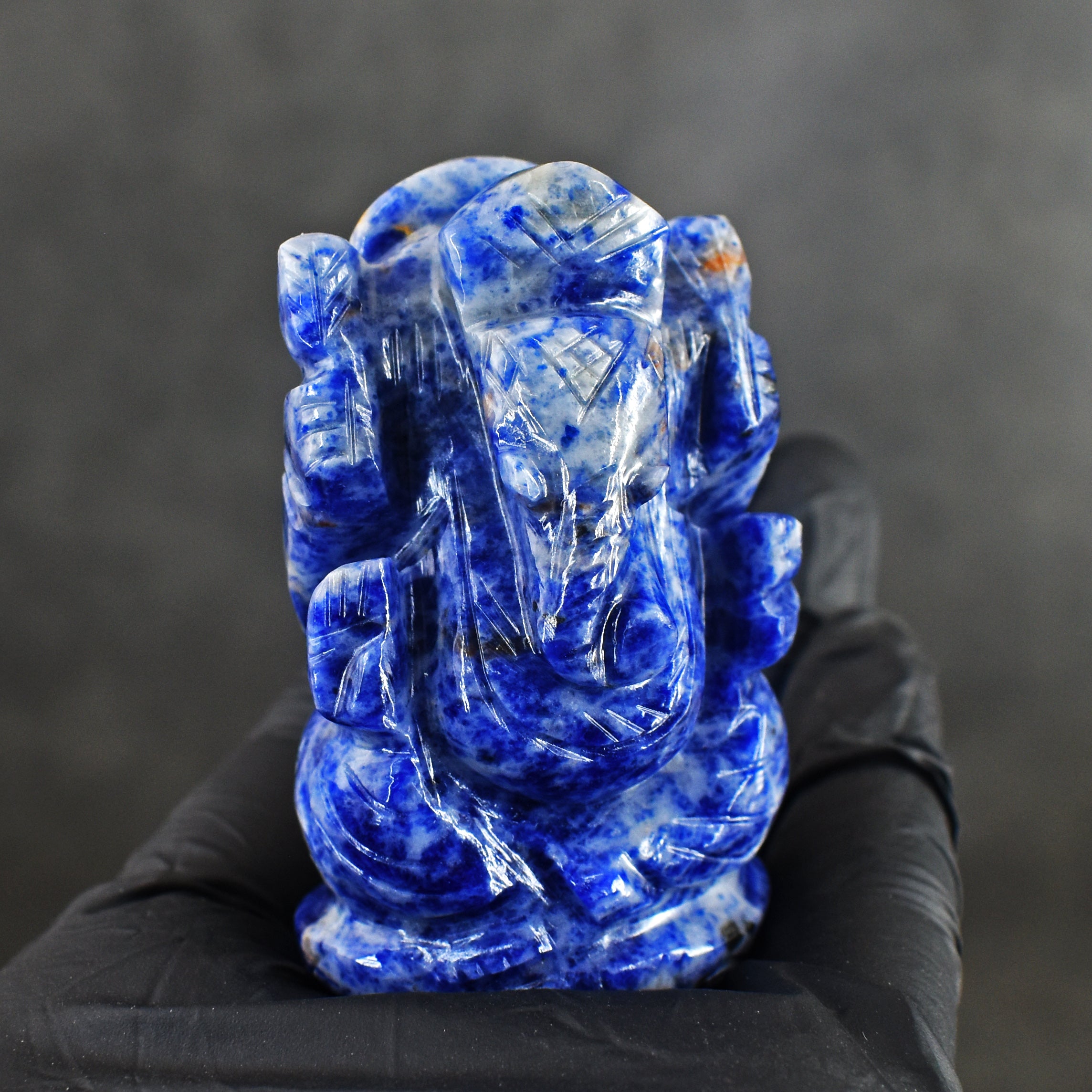Exclusive 375.00 Cts Genuine Blue Sodalite Divine Hand Carved Crystal Lord Ganesha Carving Gemstone