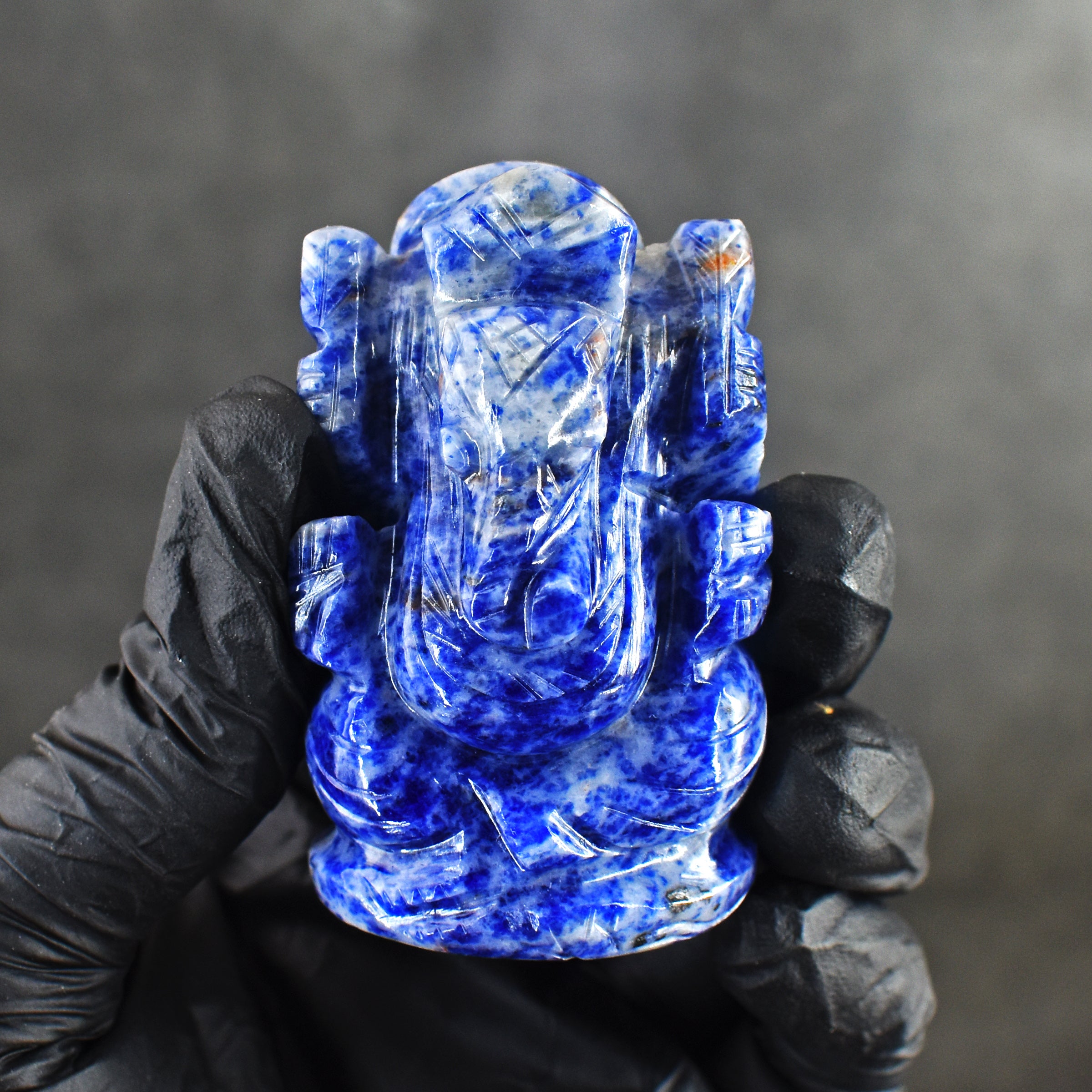 Exclusive 375.00 Cts Genuine Blue Sodalite Divine Hand Carved Crystal Lord Ganesha Carving Gemstone