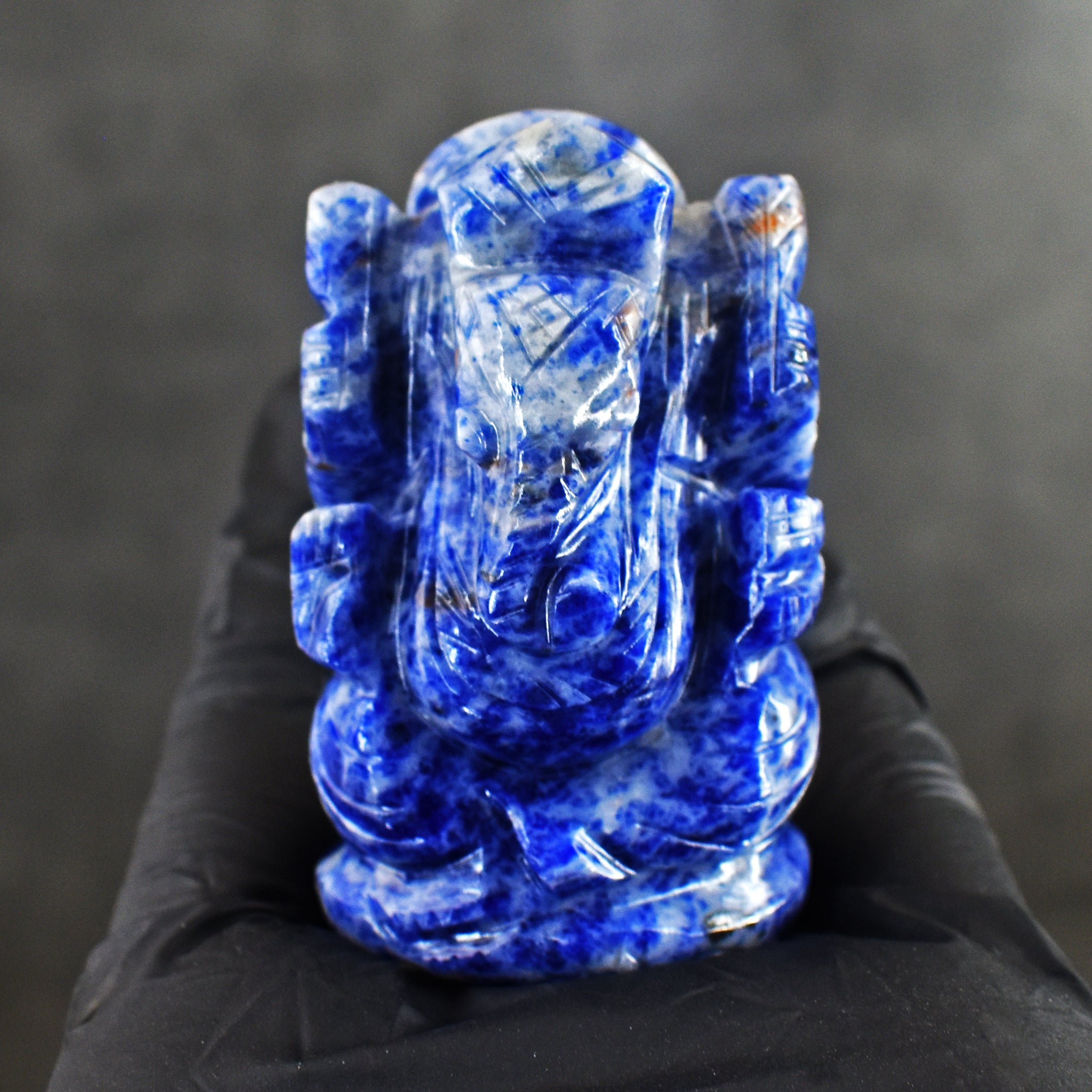 Exclusive 375.00 Cts Genuine Blue Sodalite Divine Hand Carved Crystal Lord Ganesha Carving Gemstone