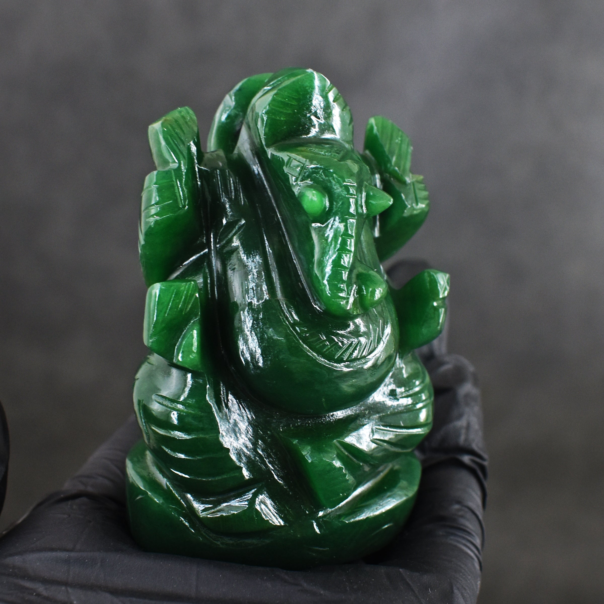 Beautiful 648.00 Cts Genuine Green Jade Divine Hand Carved Crystal Lord Ganesha Idol Gemstone Carving