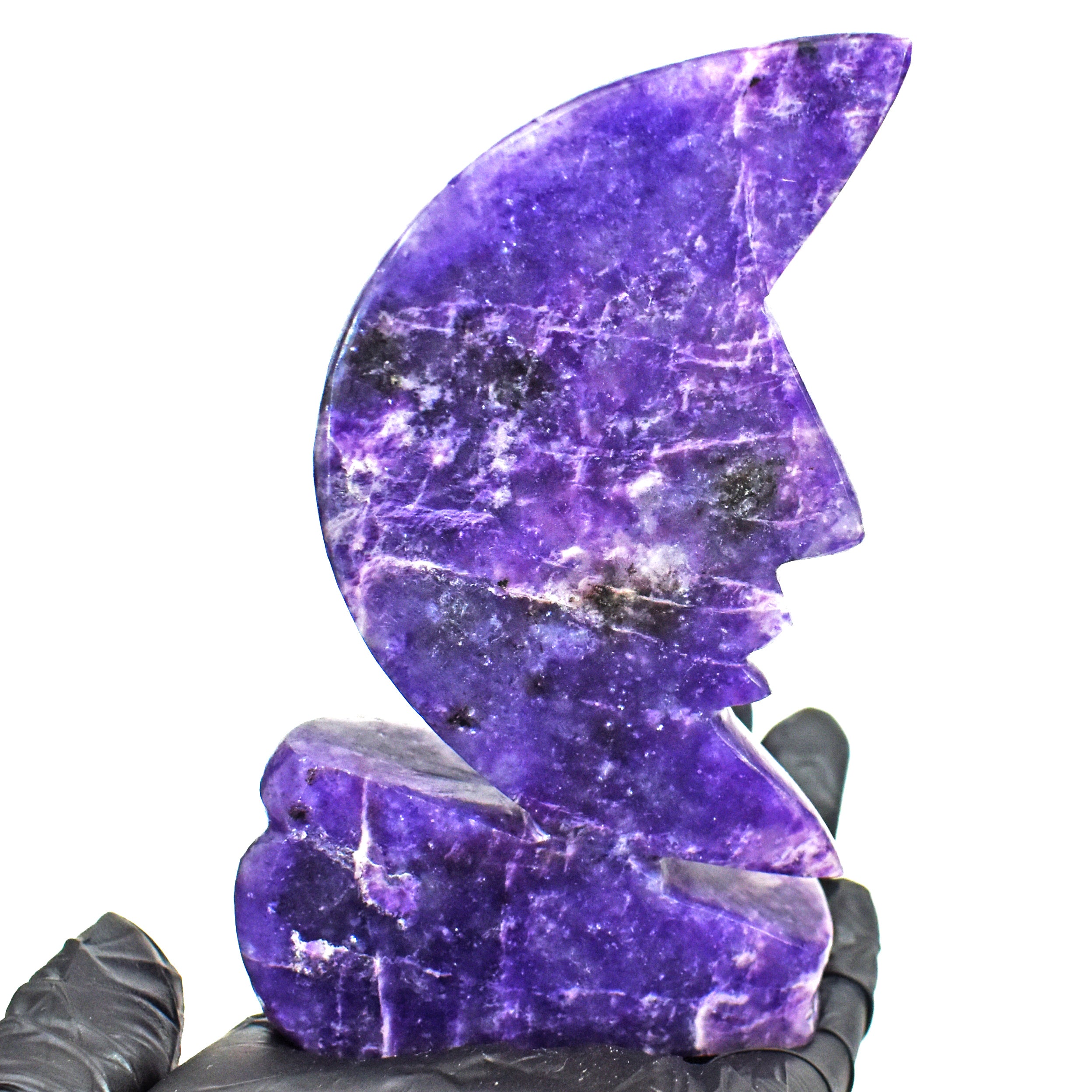 Natural 1258.00 Carats Genuine Lepidolite Moon With Stand Hand Carved Gemstone Carving