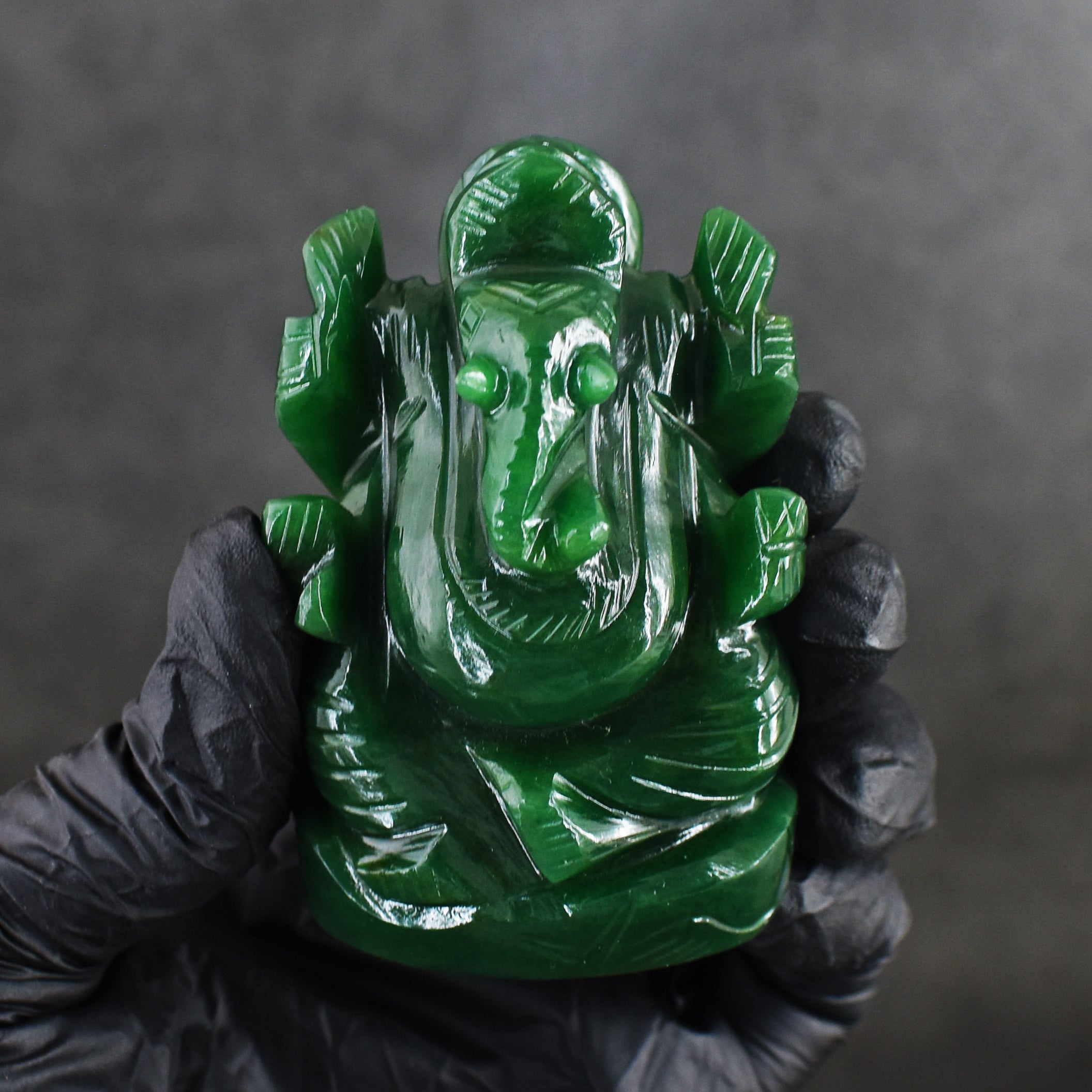 Beautiful 648.00 Cts Genuine Green Jade Divine Hand Carved Crystal Lord Ganesha Idol Gemstone Carving
