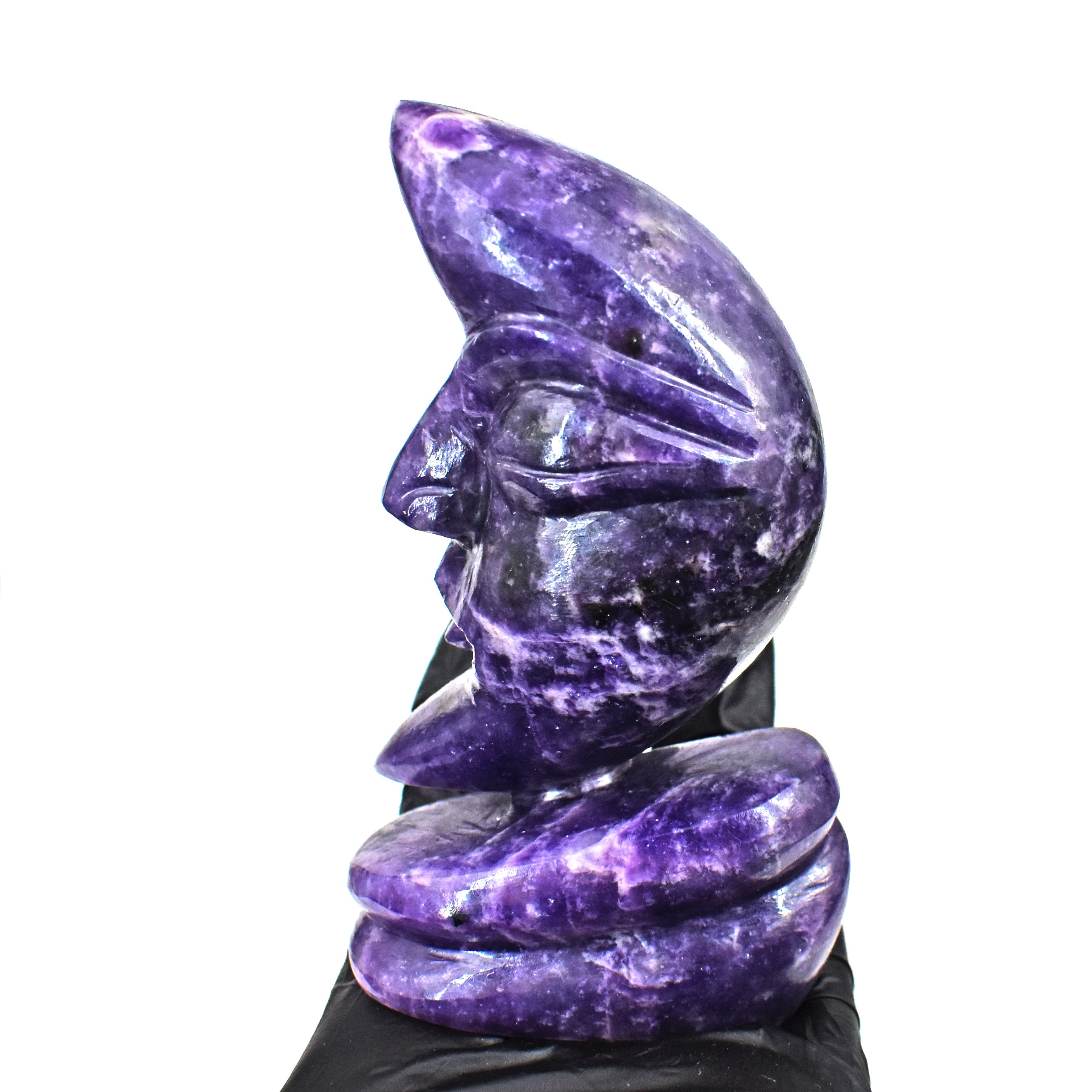 Natural 1258.00 Carats Genuine Lepidolite Moon With Stand Hand Carved Gemstone Carving