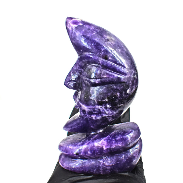Natural 1258.00 Carats Genuine Lepidolite Moon With Stand Hand Carved Gemstone Carving