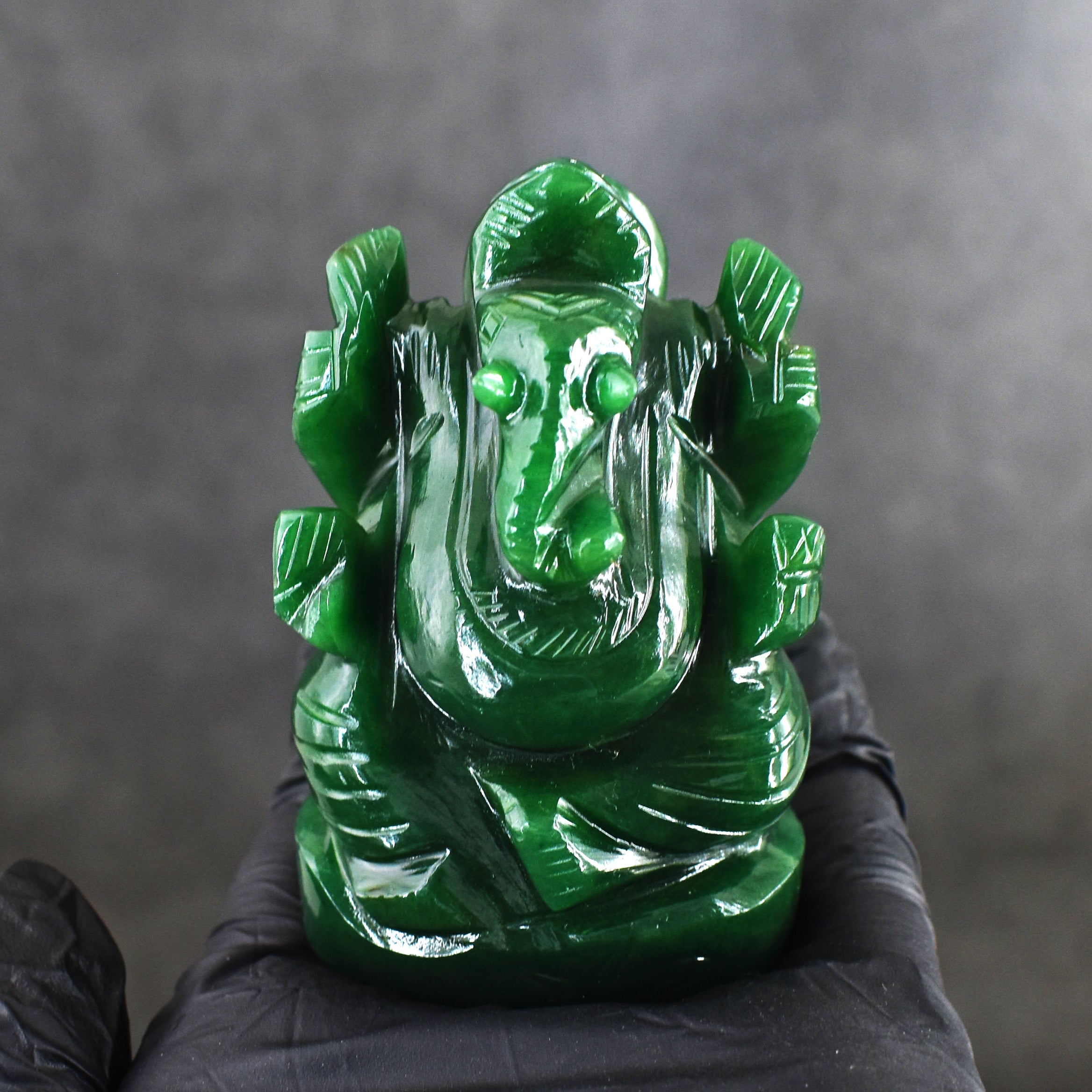 Beautiful 648.00 Cts Genuine Green Jade Divine Hand Carved Crystal Lord Ganesha Idol Gemstone Carving