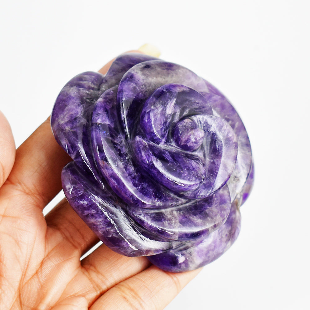Beautiful   775.00 Carats  Genuine  Amethyst  Hand  Carved  Rose  Flower  Gemstone Carving