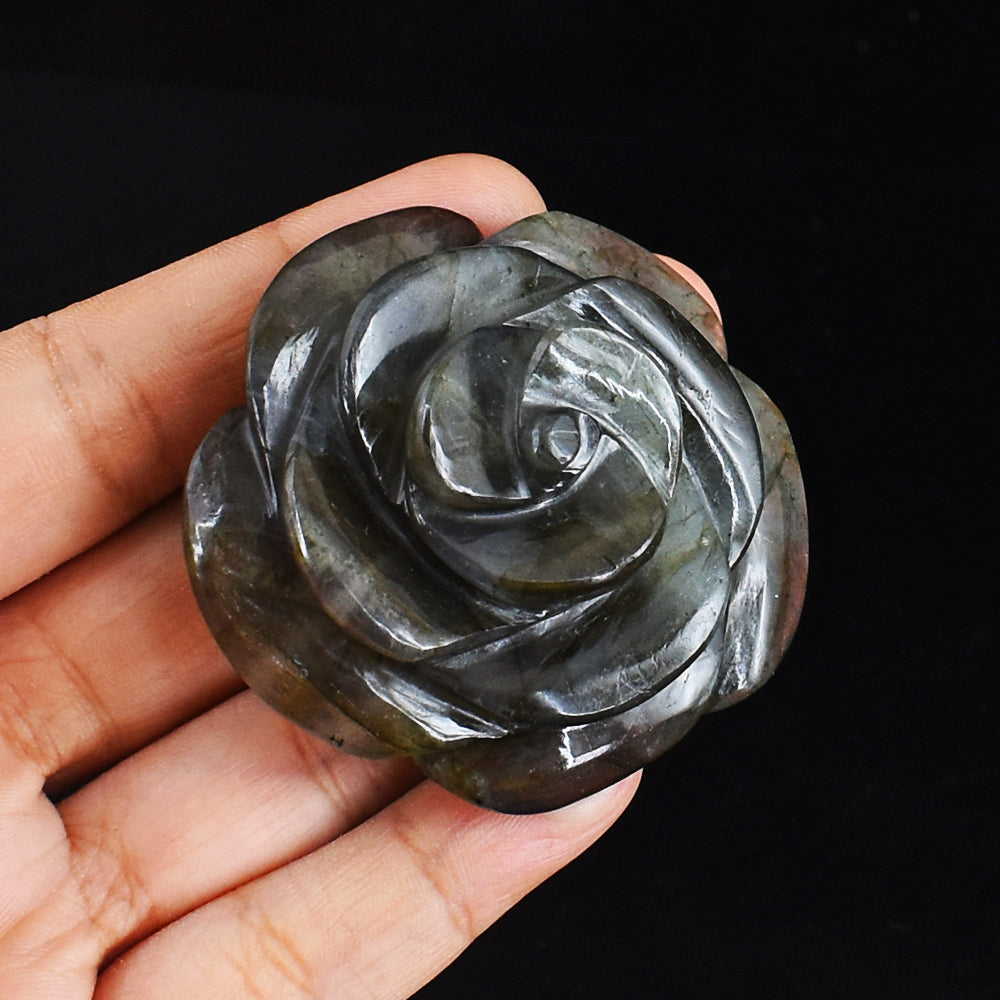 393.00 Carats  Genuine  Blue Flash Labradorite  Hand Carved  Gemstone  Crystal Rose  Flower  Carving