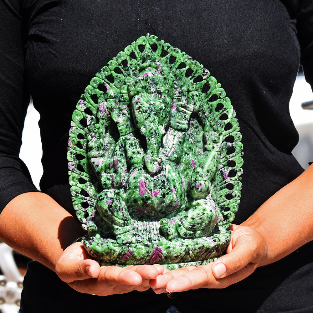 Stunning 13300.00 Cts  Genuine Ruby Zoisite Hand Carved Crystal Gemstone Carving Lord Ganesha