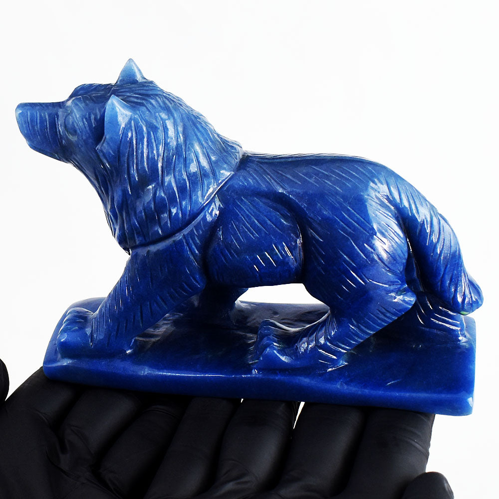 Exclusive 2475.00 Carats Genuine Blue Iolite Hand Carved Crystal Gemstone Wolf Carving