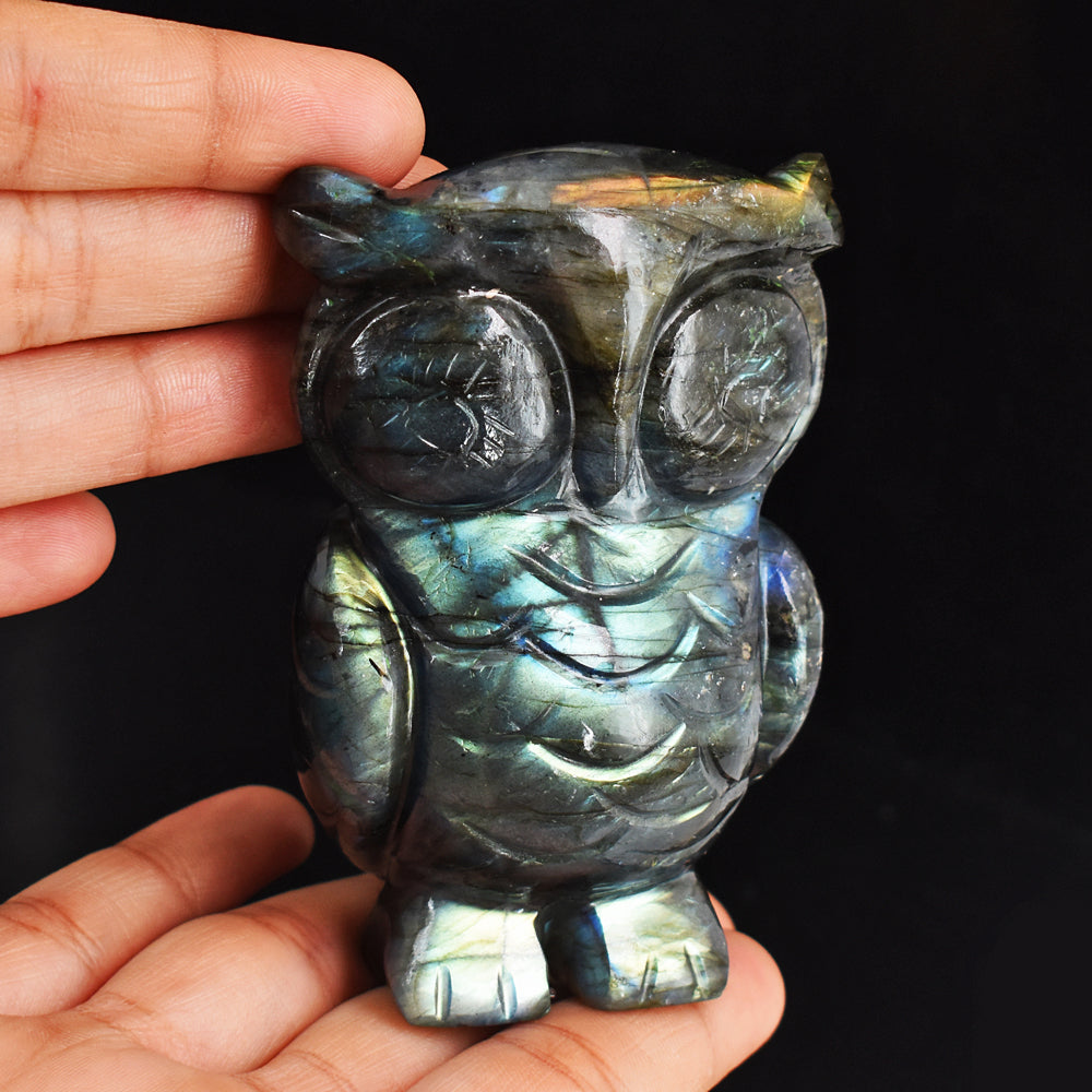 Amazing 1389.00 Carats  Genuine Golden & Blue Flash Labradorite Hand Carved Gemstone Owl Carving