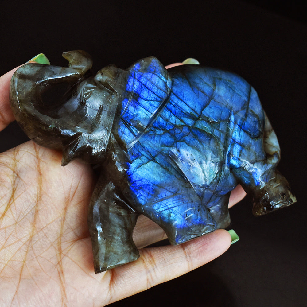 Stunning 1676.00 Cts Genuine Blue Flash Labradorite Hand Carved Crystal Gemstone Elephant Carving