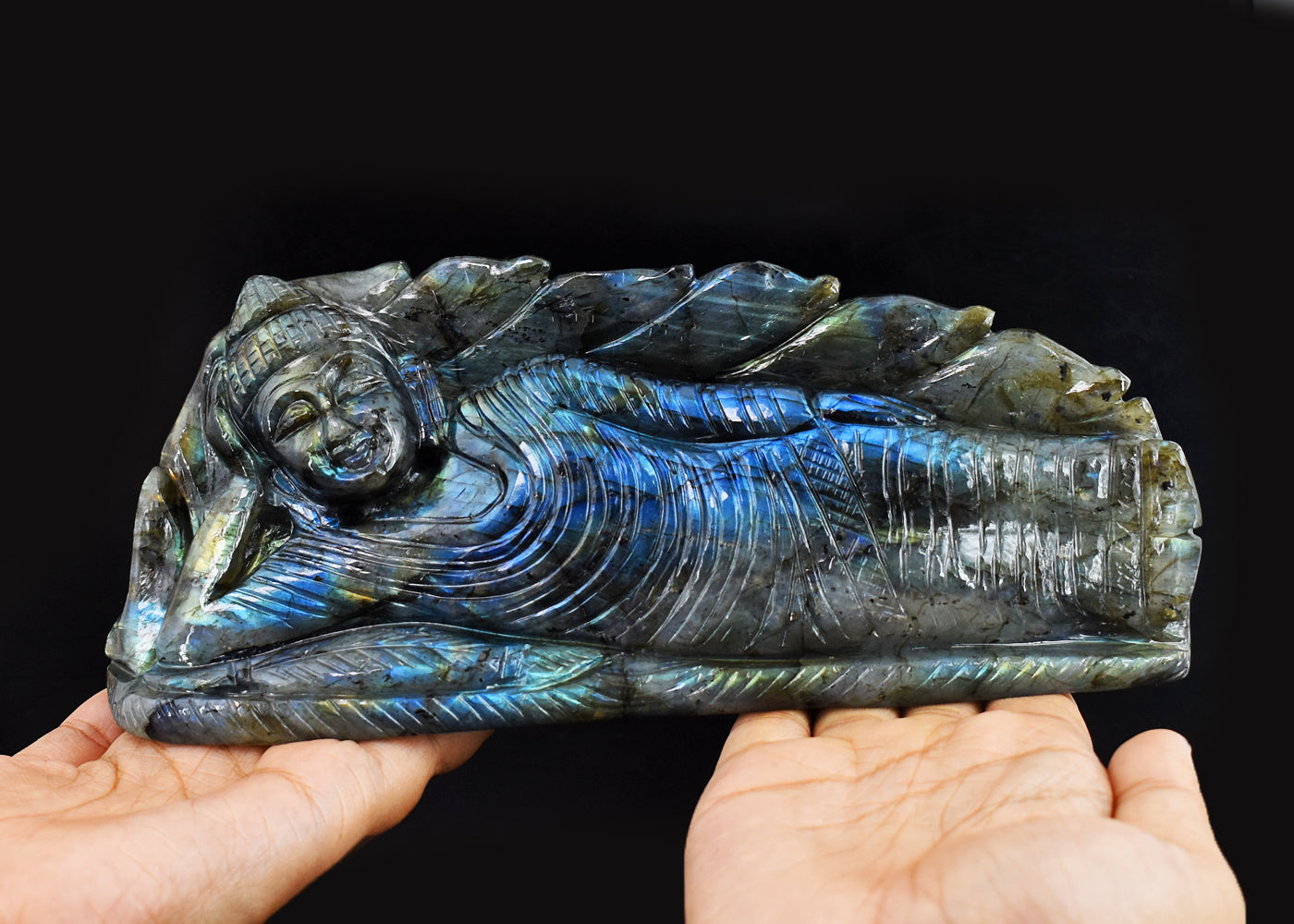 Gorgeous  8110.00  Cts  Genuine  Amazing Flash Labradorite Hand Carved Sleeping Buddha Carving