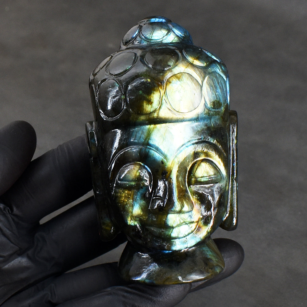 Exclusive 1463.00 Cts Genuine Golden & Blue Flash Labradorite Hand Carved Buddha Head Carving