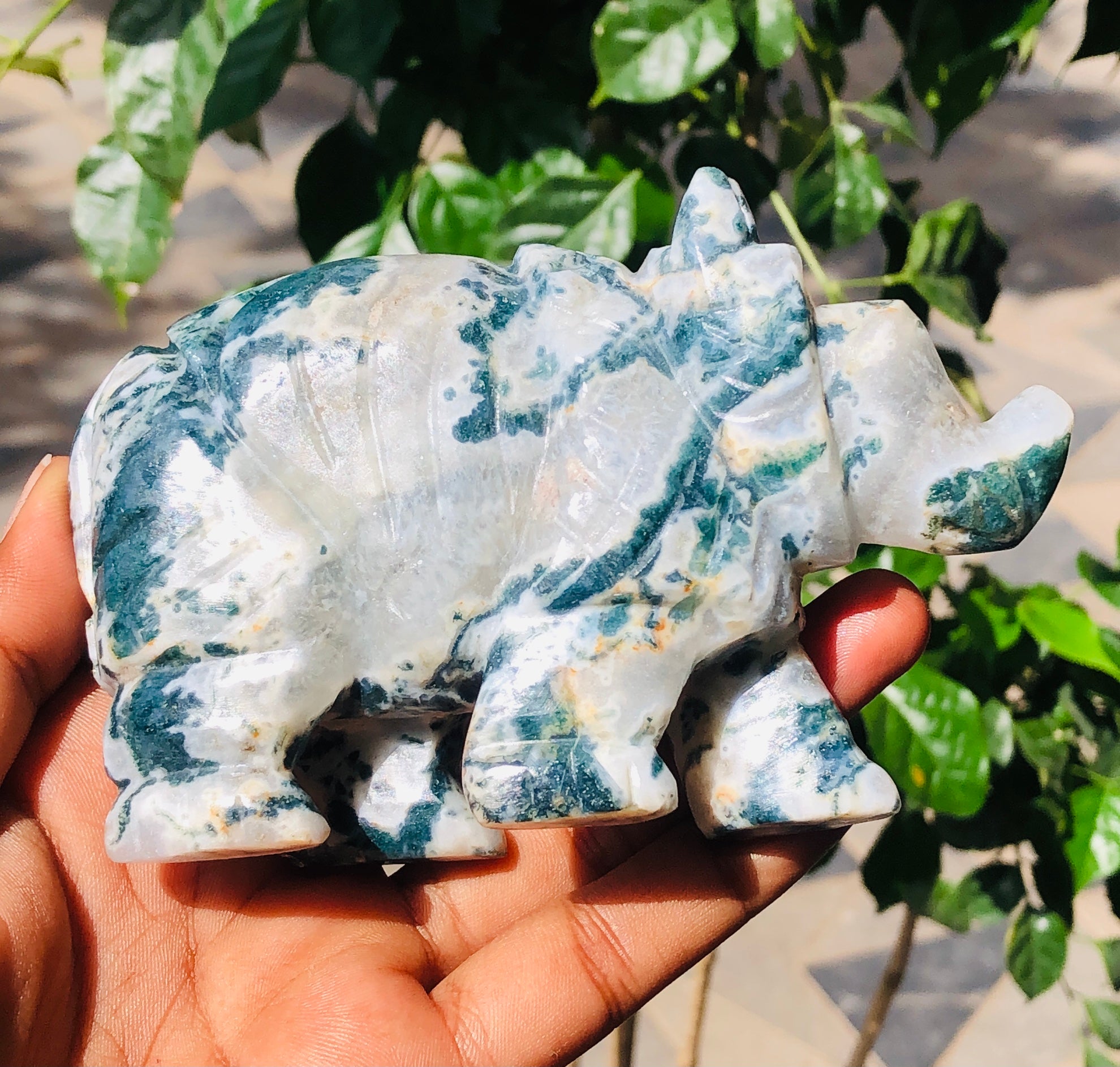 Exclusive 1633.00 Cts Green Tree Agate Hand Carved Genuine Crystal Gemstone Carving Rhino 2026  Collection