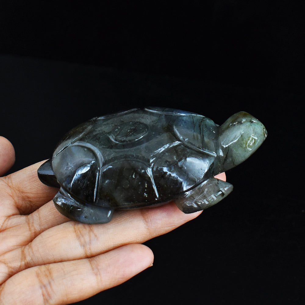 Beautiful  510.00 Carats  Genuine  Blue Flash  Labradorite Hand Carved  Crystal  Turtle Carving