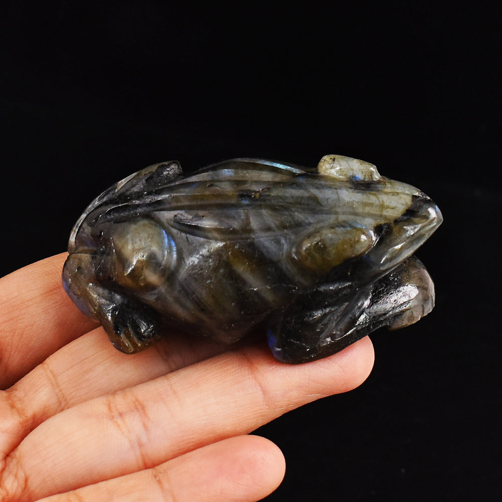 Blue & Green Flash Labradorite 493.00 Cts Genuine Hand Carved Crystal Gemstone Frog Carving