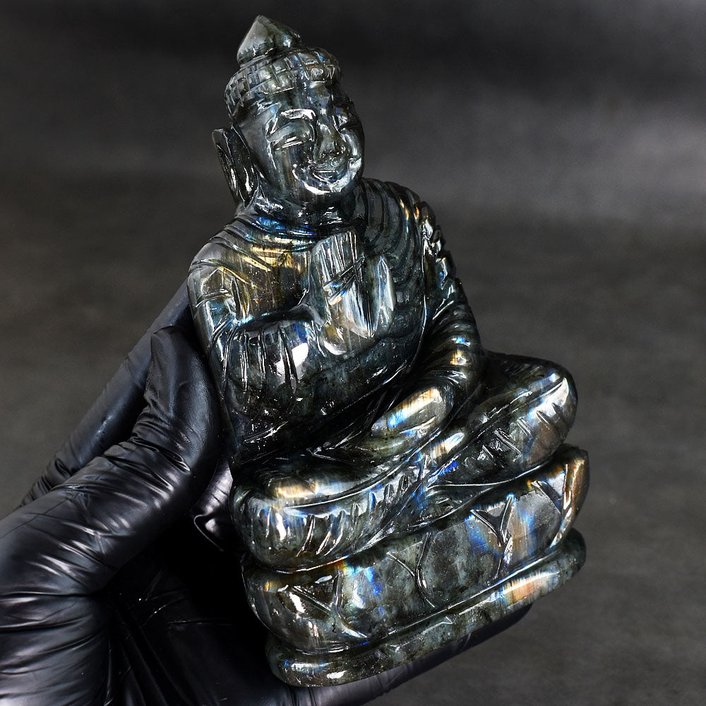 Genuine 2257.00 Cts Golden & Blue Flash Labradorite Hand Carved Crystal Gemstone Buddha Idol Carving