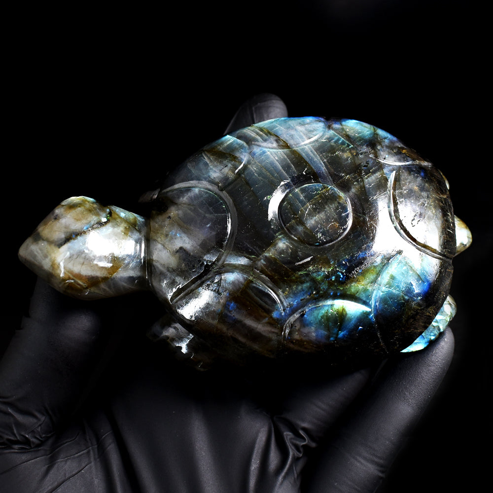 Beautiful 1352.00 Cts Genuine Golden & Blue Flash Labradorite Hand Carved Crystal Gemstone Turtle Carving