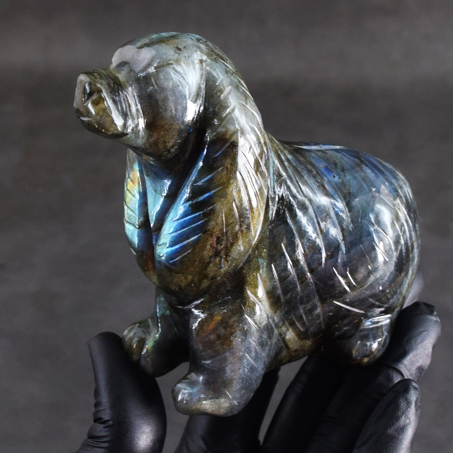 Stunning 2246.00 Cts Genuine Blue Flash Labradorite Hand Carved Premium Dog