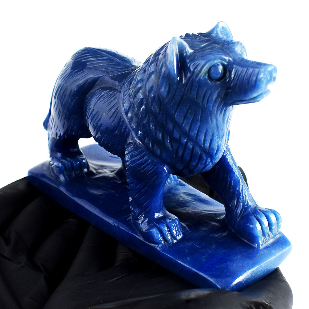 Exclusive 2475.00 Carats Genuine Blue Iolite Hand Carved Crystal Gemstone Wolf Carving