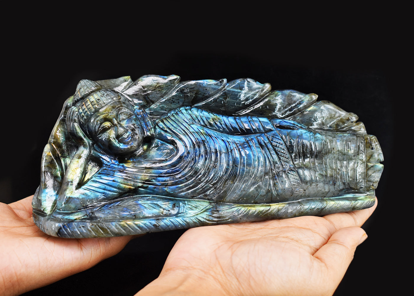 Gorgeous  8110.00  Cts  Genuine  Amazing Flash Labradorite Hand Carved Sleeping Buddha Carving