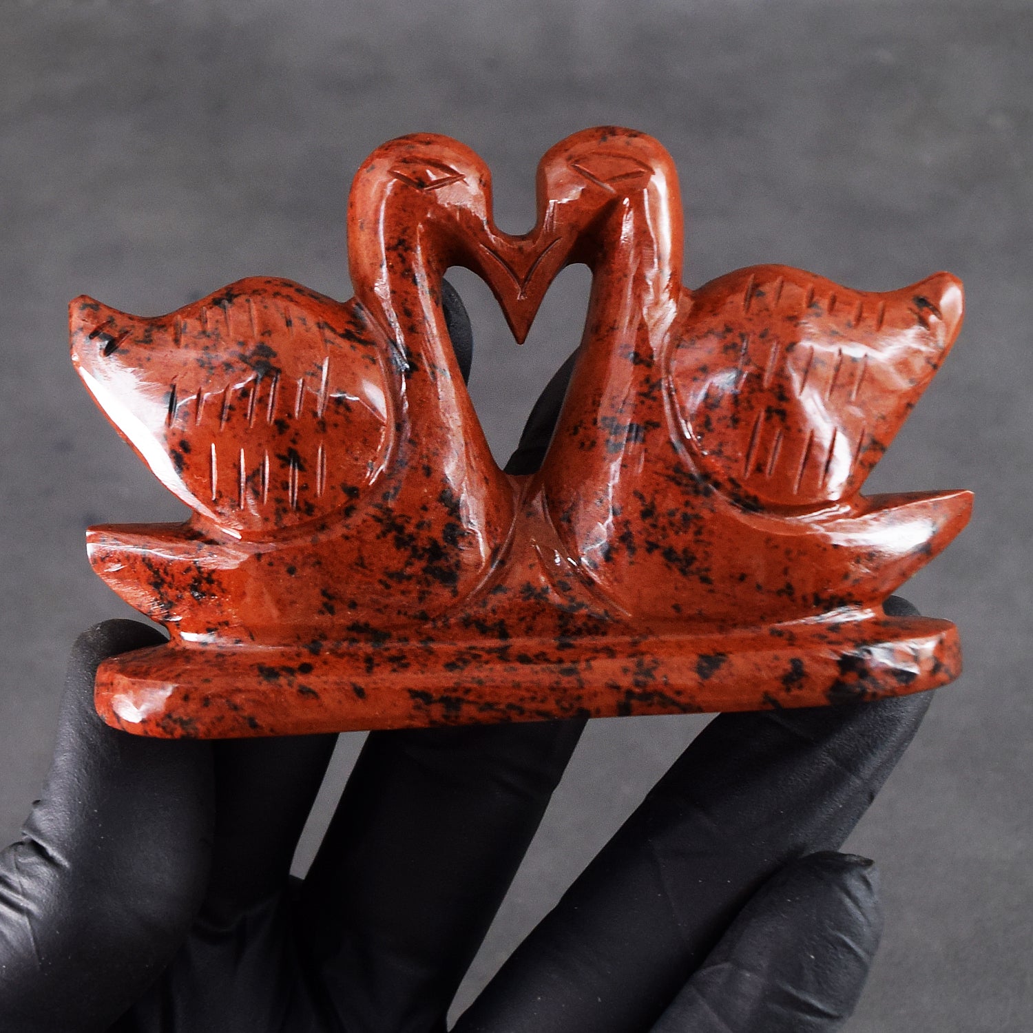 Fantastic 621.00 Cts Genuine Mahogany Jasper Premium Love Carved Swan Pair