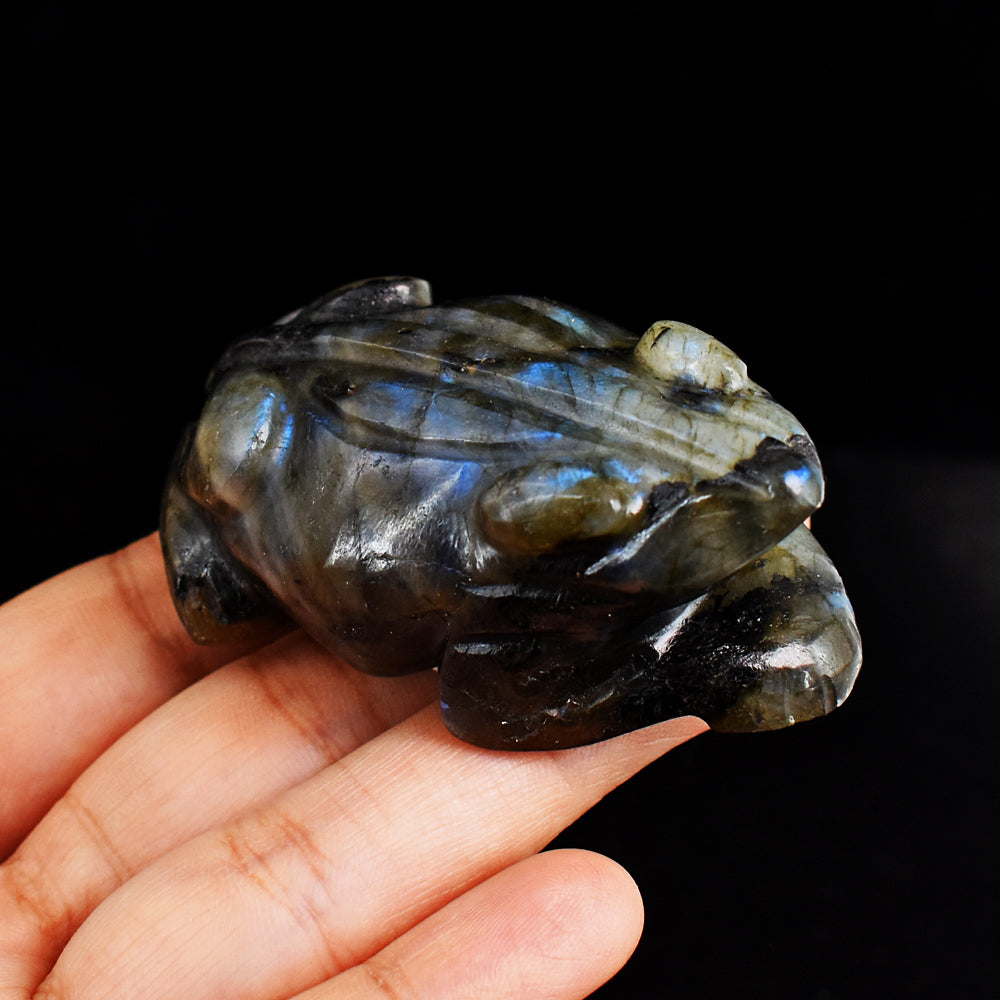 Blue & Green Flash Labradorite 493.00 Cts Genuine Hand Carved Crystal Gemstone Frog Carving