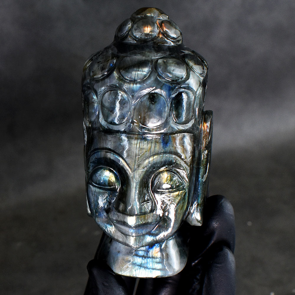 Natural 1742.00 Cts Genuine Golden & Blue Flash Labradorite Hand Carved Crystal Buddha Head Gemstone