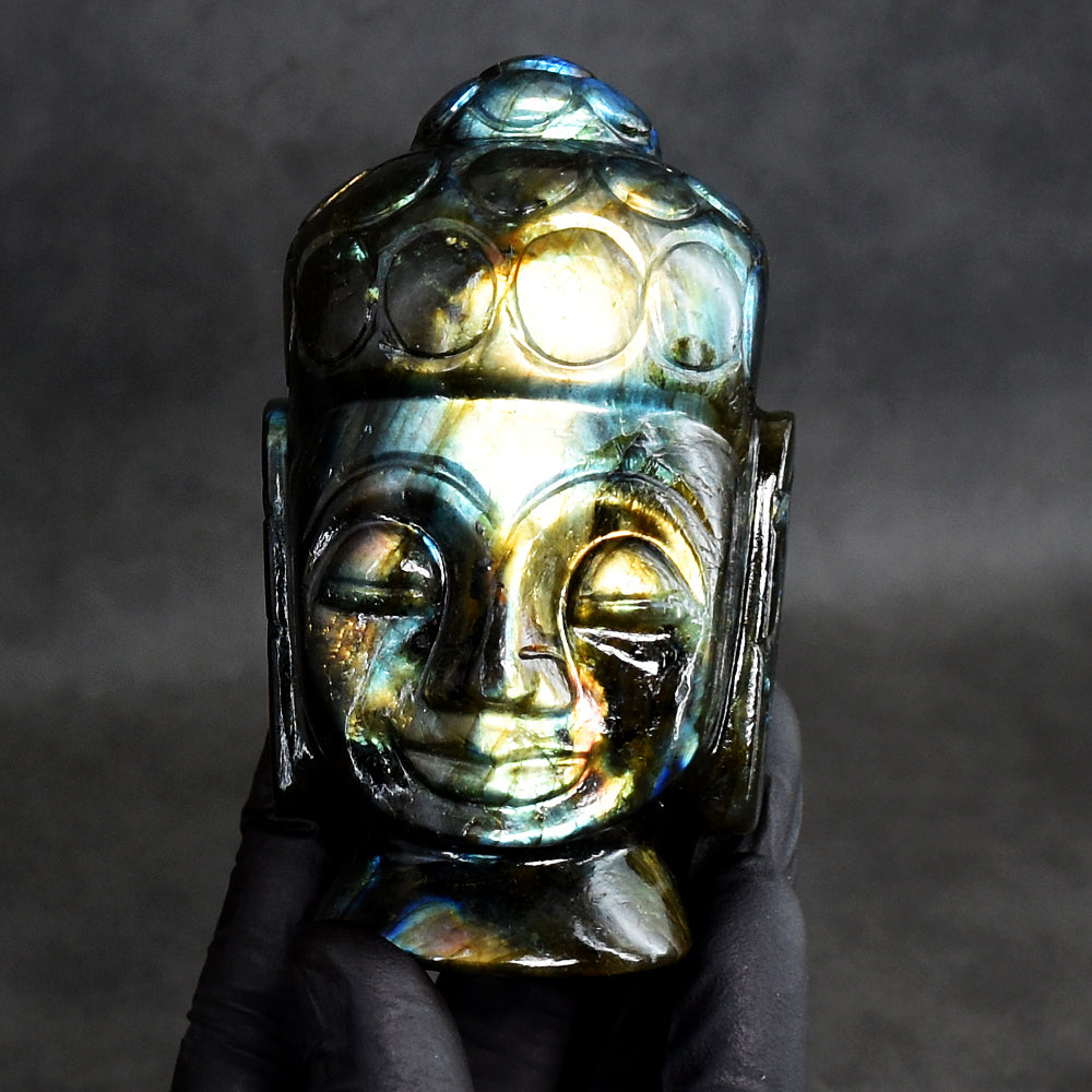 Exclusive 1463.00 Cts Genuine Golden & Blue Flash Labradorite Hand Carved Buddha Head Carving