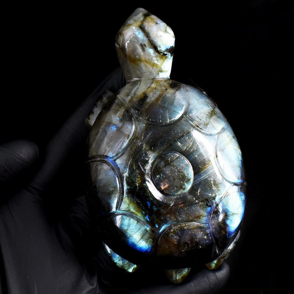Beautiful 1352.00 Cts Genuine Golden & Blue Flash Labradorite Hand Carved Crystal Gemstone Turtle Carving