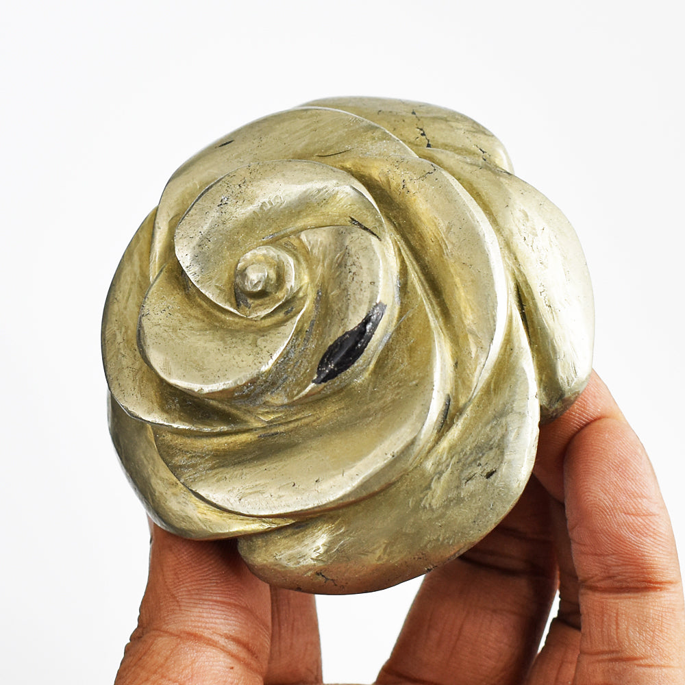 Beautiful  1636.00  Carats Genuine Golden  Pyrite  Hand  Carved  Rose  Flower  Gemstone  Carving