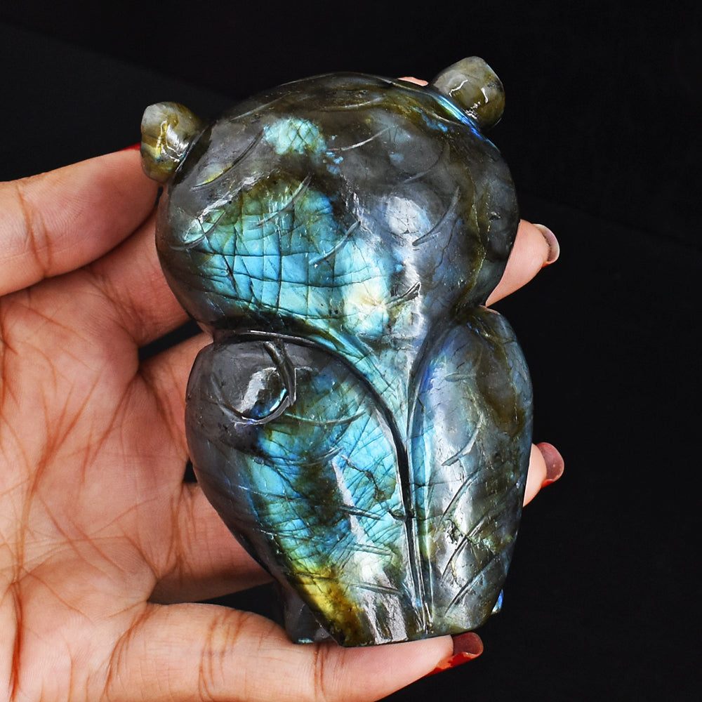 Beautiful 1669.00  Cts Genuine  Amazing  Flash Labardorite Hand Carved Gemstone Owl Carving